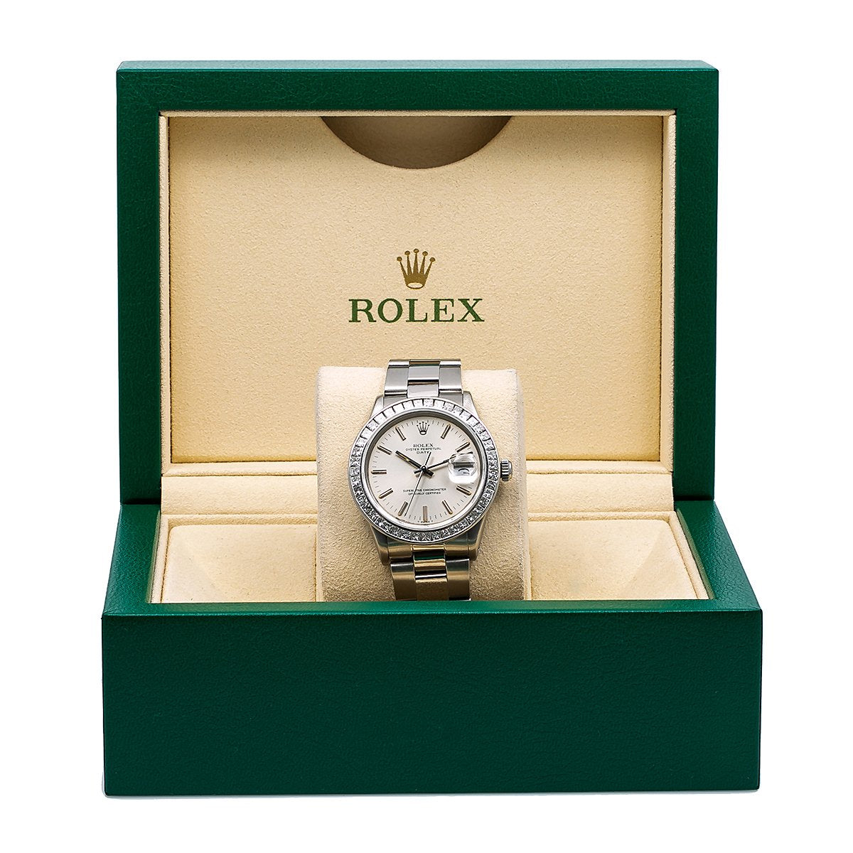 Rolex Oyster Perpetual Diamond Watch, Date 15010 34mm, Silver Dial With 2.5 CT Diamonds