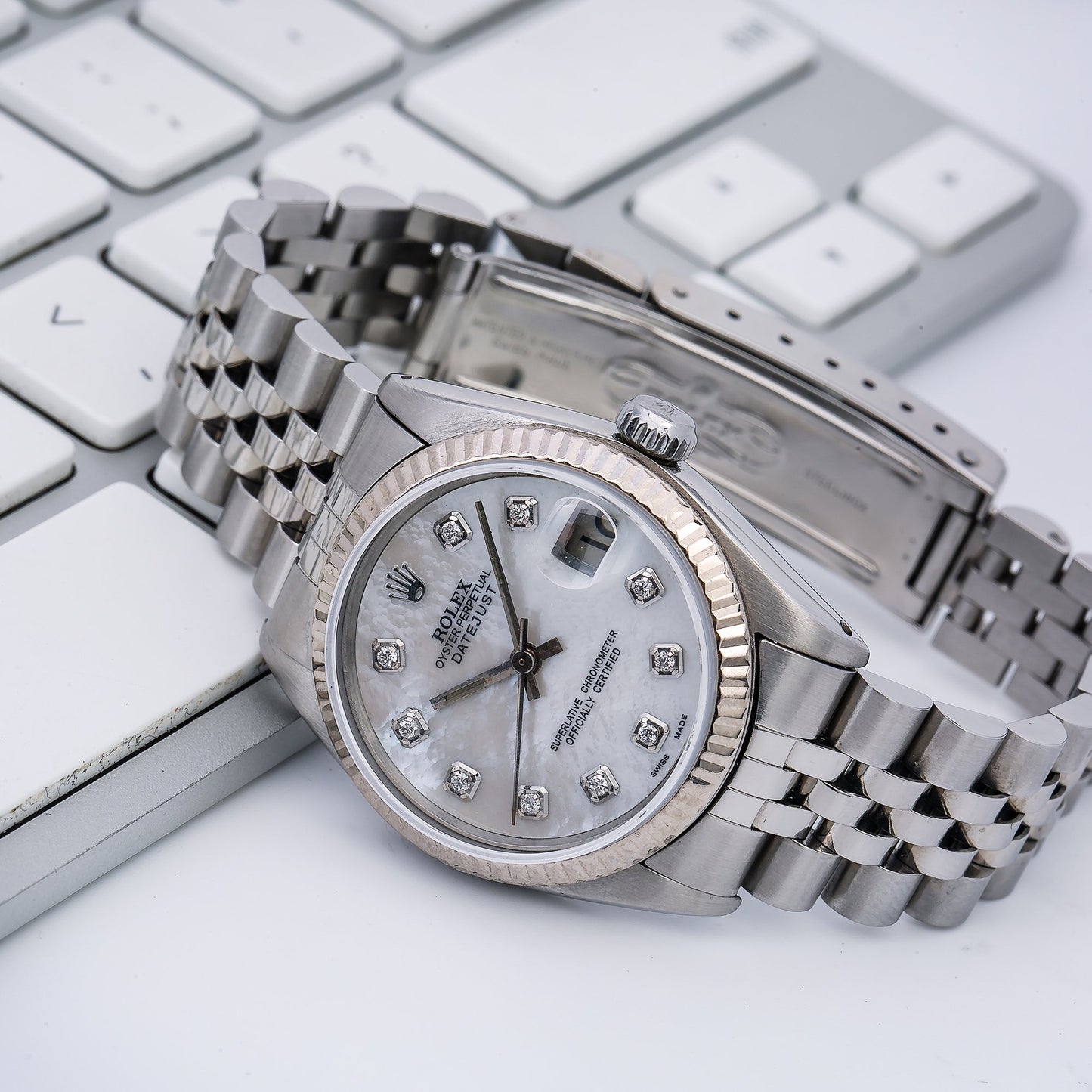 Rolex Datejust Diamond Watch, 68240, Silver Custom Diamond Mother of Pearl Dial With Stainless
