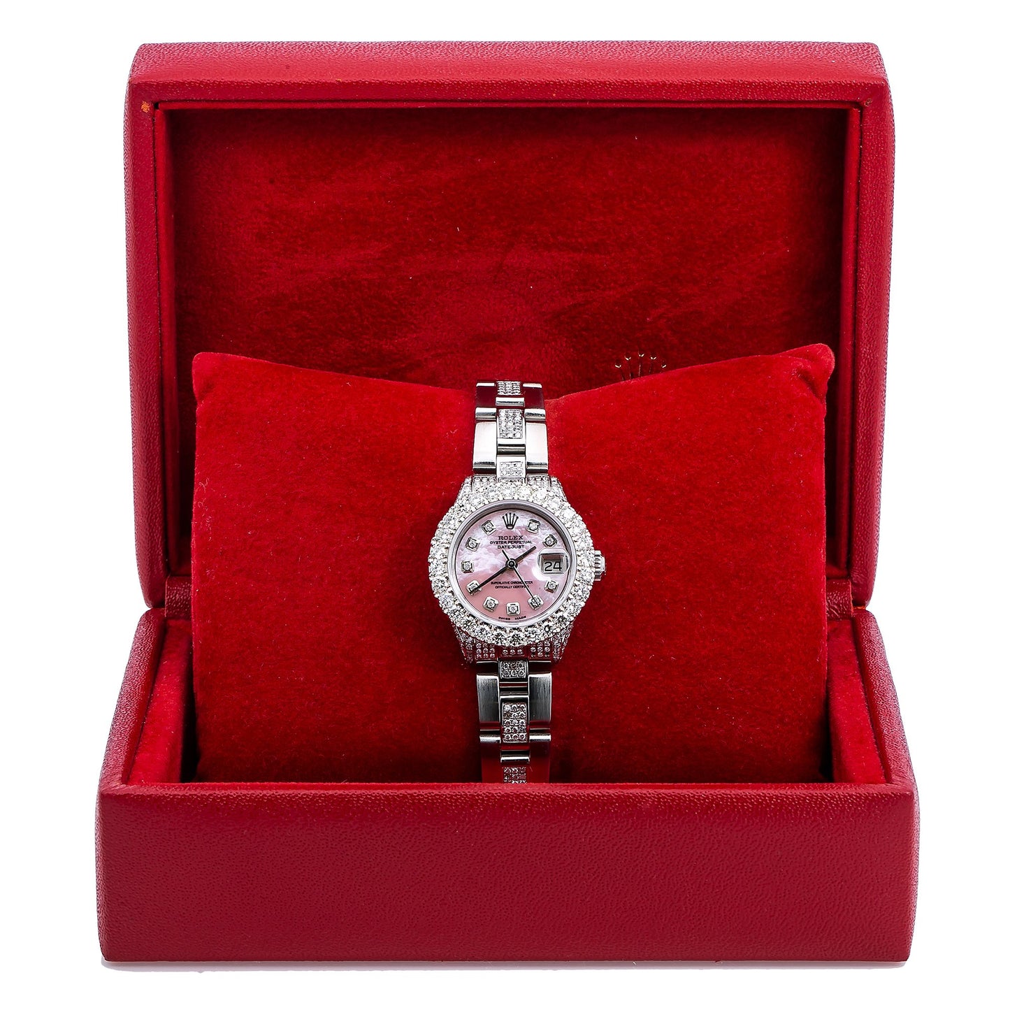 Rolex Oyster Perpetual Ladies Diamond Watch, Date 6916 26mm, Pink Mother of Pearl Diamond Dial With 4.25 CT Diamonds