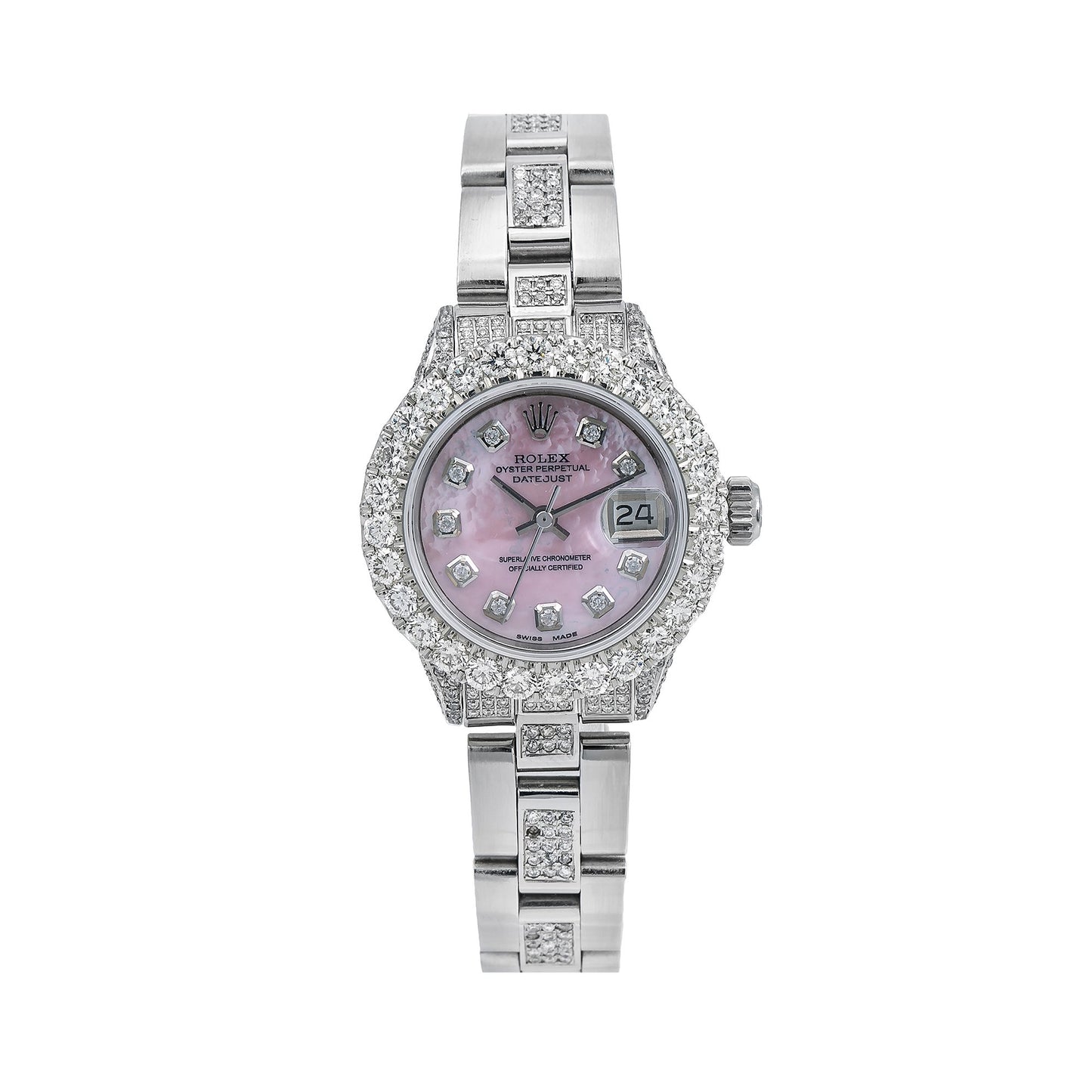 Rolex Oyster Perpetual Ladies Diamond Watch, Date 6916 26mm, Pink Mother of Pearl Diamond Dial With 4.25 CT Diamonds