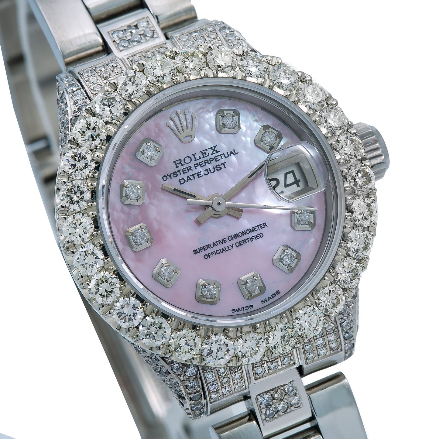 Rolex Oyster Perpetual Ladies Diamond Watch, Date 6916 26mm, Pink Mother of Pearl Diamond Dial With 4.25 CT Diamonds