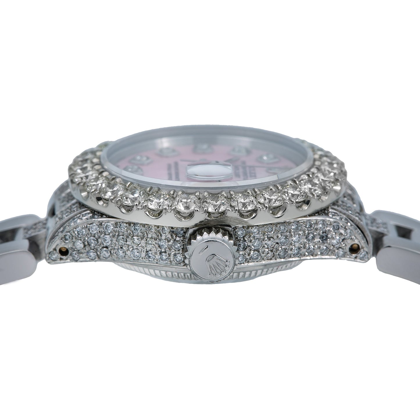 Rolex Oyster Perpetual Ladies Diamond Watch, Date 6916 26mm, Pink Mother of Pearl Diamond Dial With 4.25 CT Diamonds