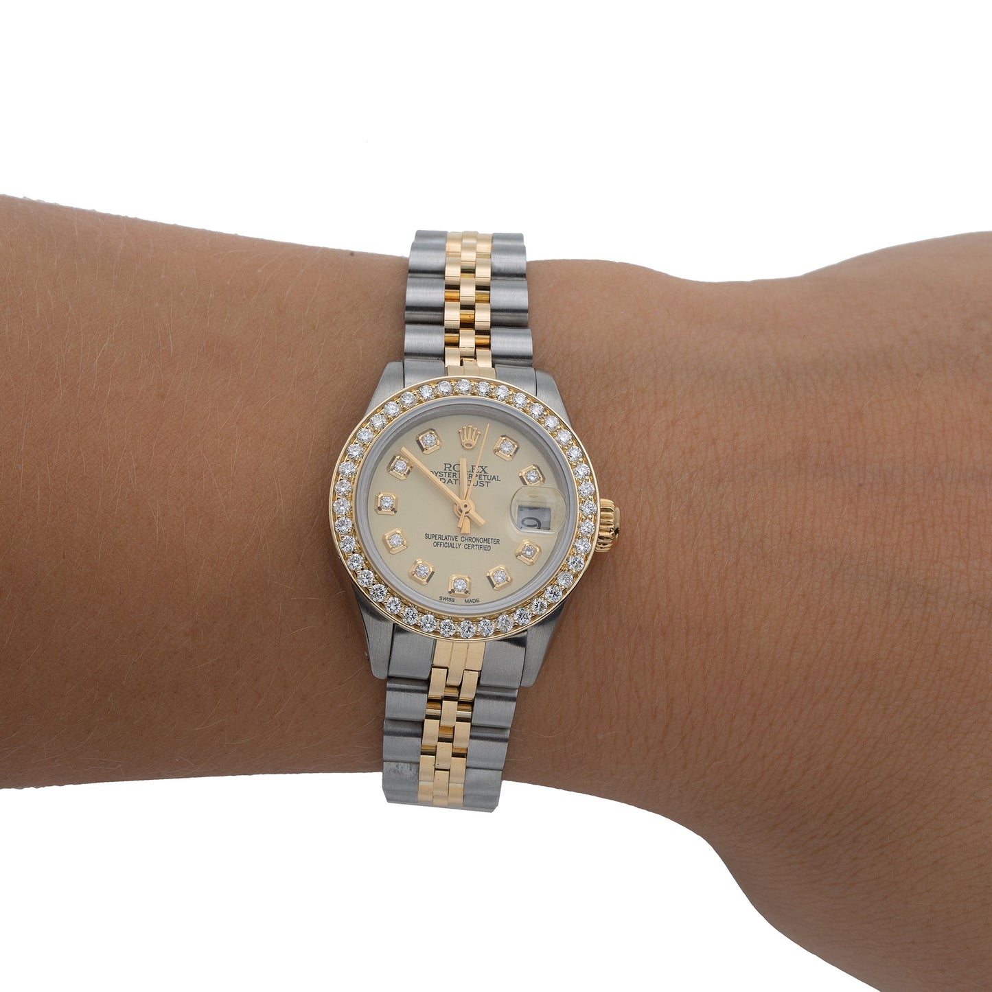Rolex Oyster Perpetual Ladies Diamond Watch, DateJust 6916 26mm, Champagne Diamond Dial With 1.8 CT Diamonds