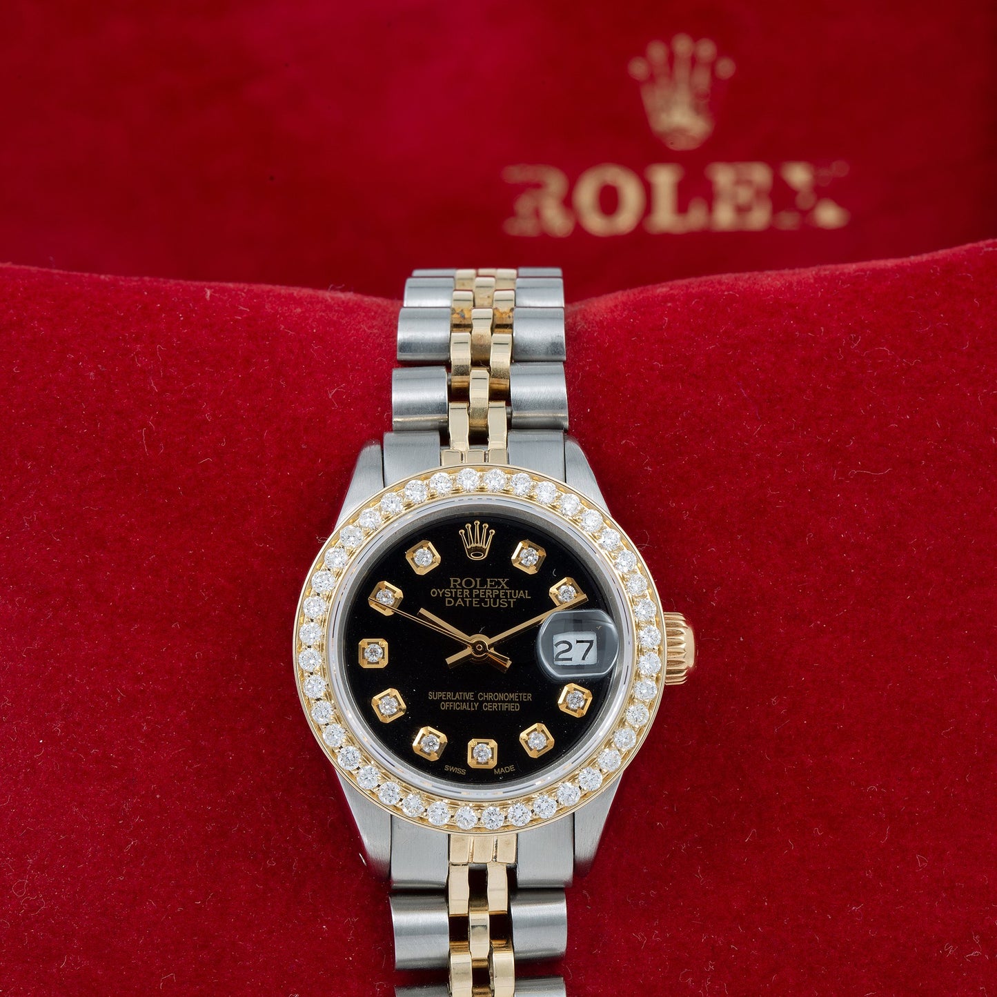 Rolex Oyster Perpetual Ladies Diamond Watch, Date 6919 26mm, Black Diamond Dial With 0.90 CT Diamonds