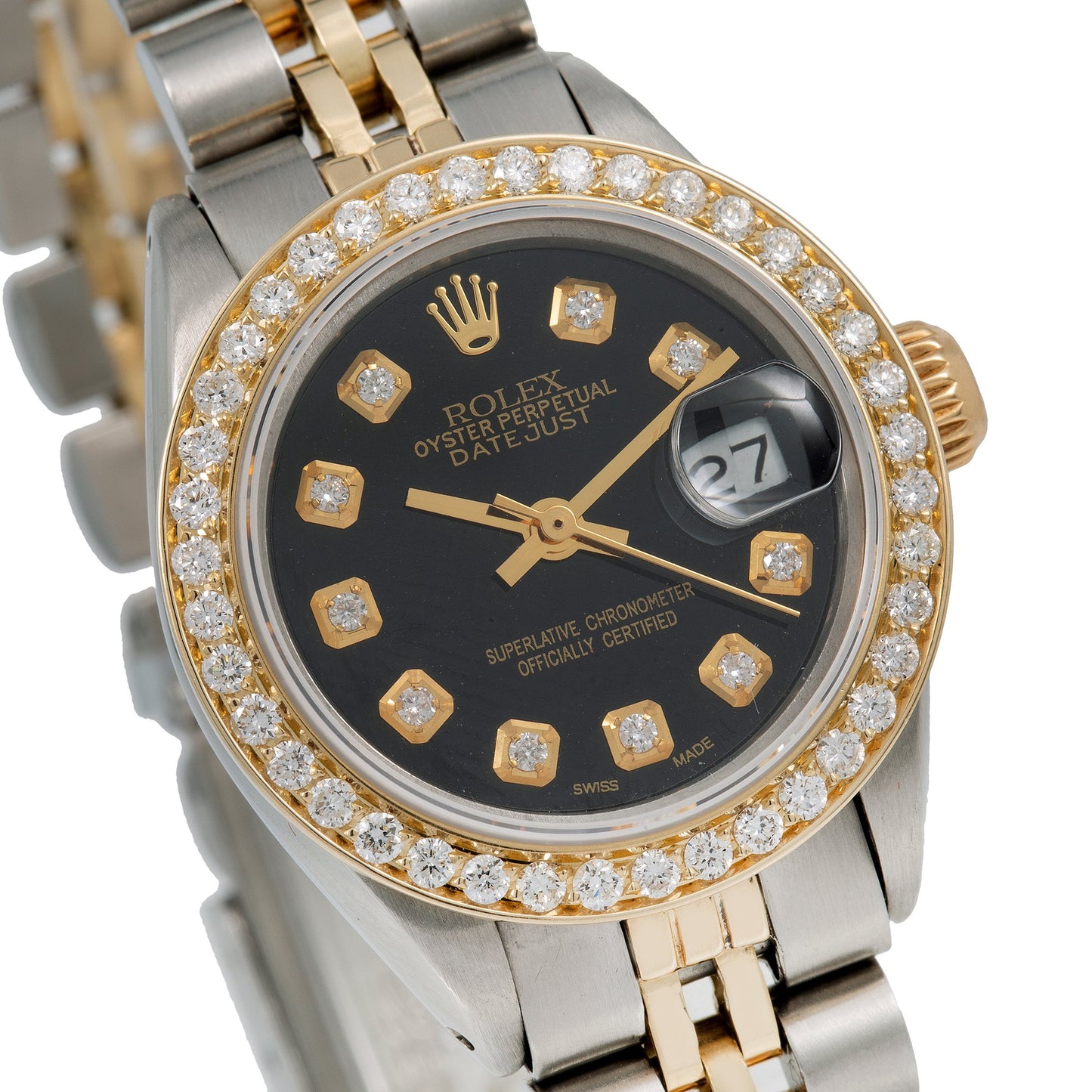 Rolex Oyster Perpetual Ladies Diamond Watch, Date 6919 26mm, Black Diamond Dial With 0.90 CT Diamonds