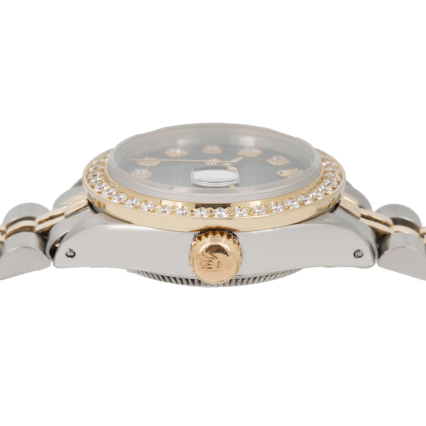 Rolex Oyster Perpetual Ladies Diamond Watch, Date 6919 26mm, Black Diamond Dial With 0.90 CT Diamonds