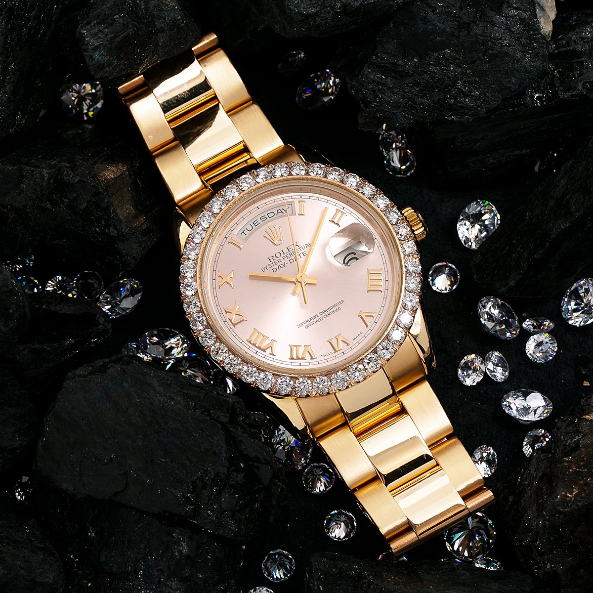 Rolex Day-Date Diamond Watch, 118205 36mm, Pink Dial With 3.50 CT Diamonds