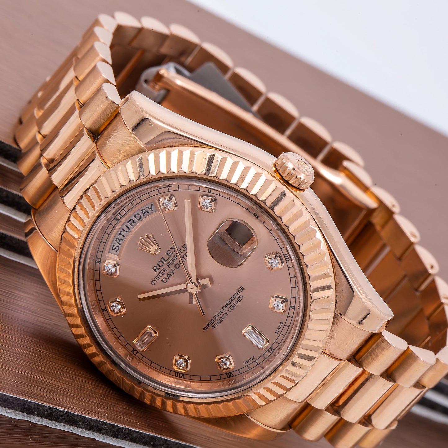 Rolex Day-Date II Diamond Watch, 218235 41mm, Rose Gold Factory Diamond Dial With Rose Gold President Bracelet