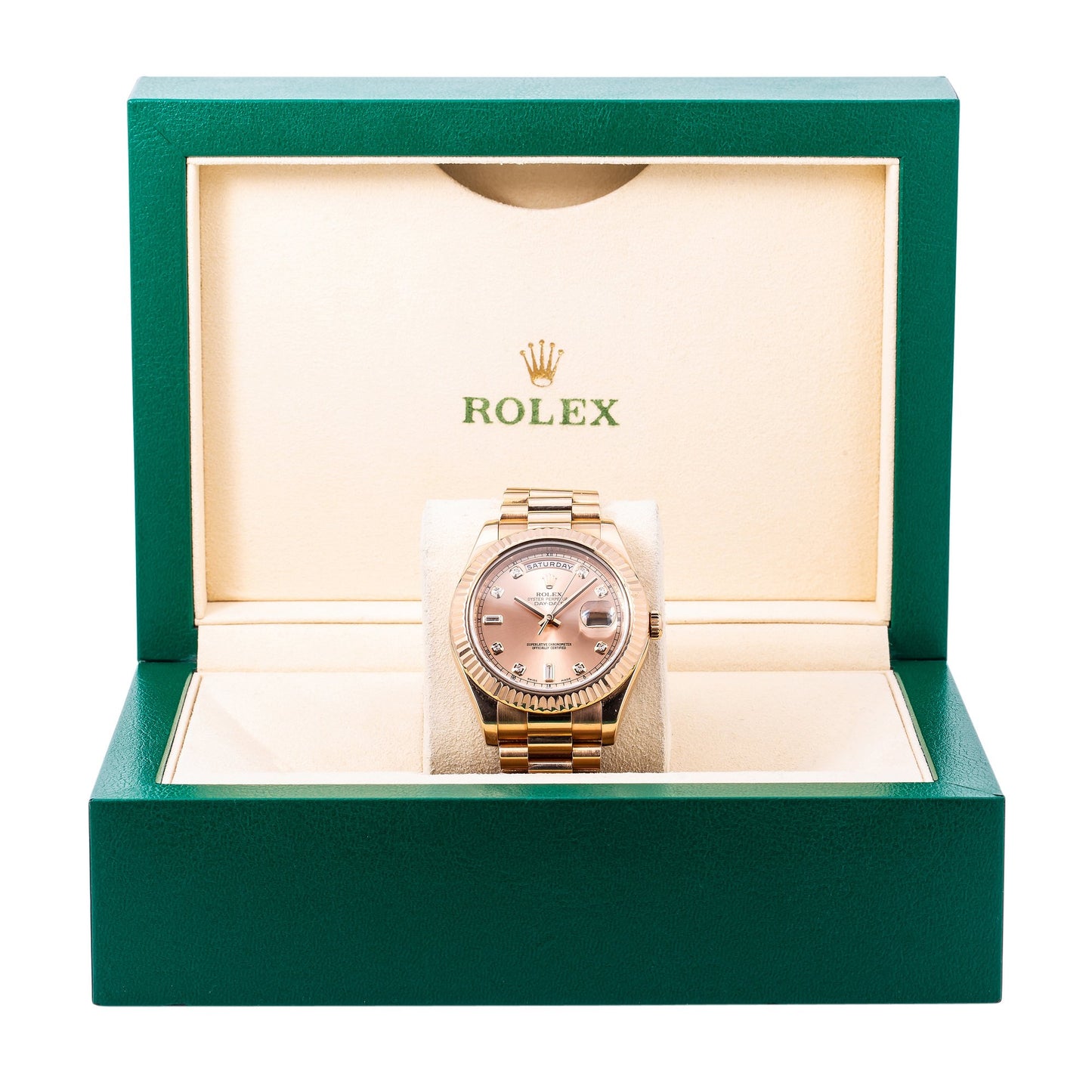 Rolex Day-Date II Diamond Watch, 218235 41mm, Rose Gold Factory Diamond Dial With Rose Gold President Bracelet