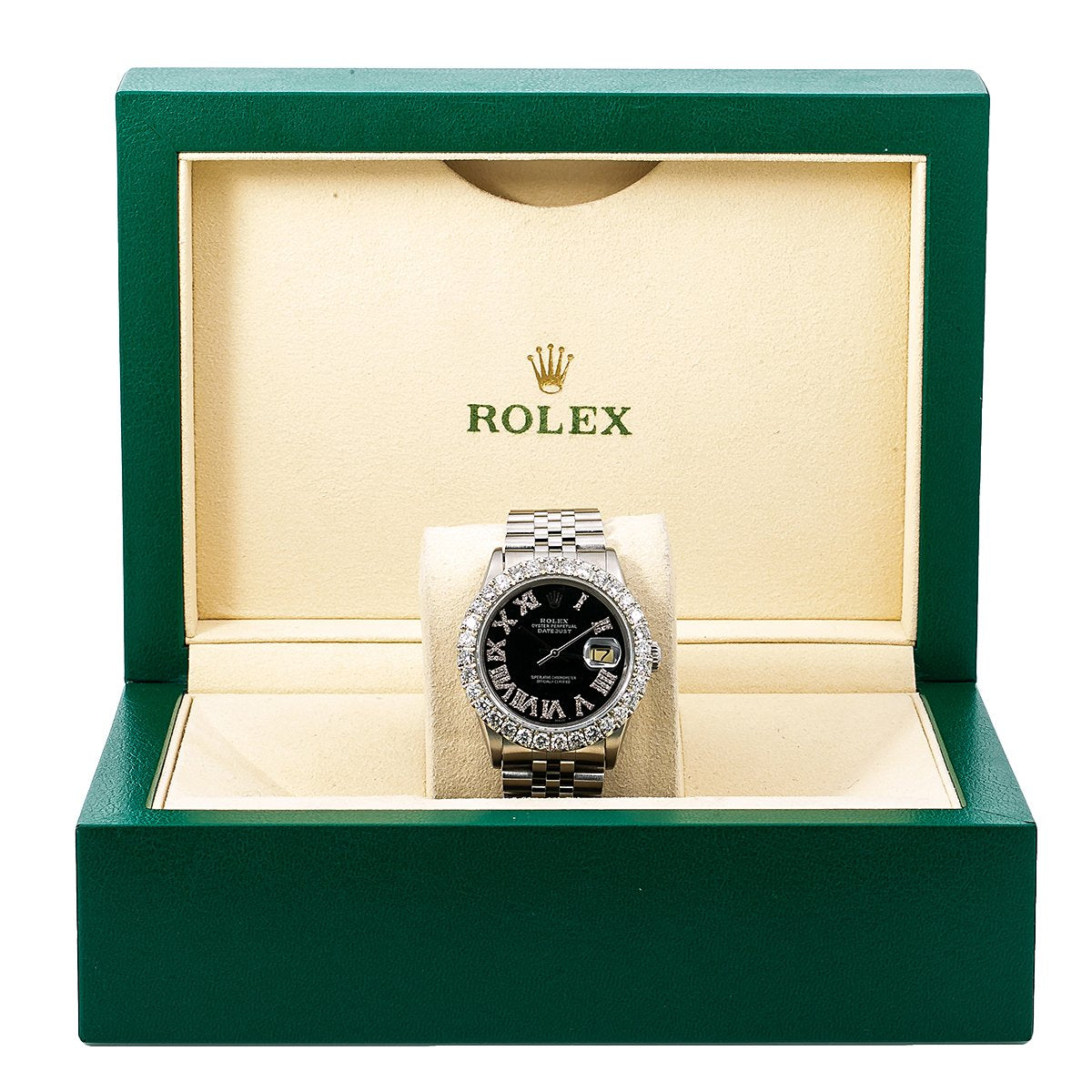 Rolex Oyster Perpetual Diamond Watch, Datejust 16014 36mm, Black Diamond Dial With 3.25 CT Diamonds