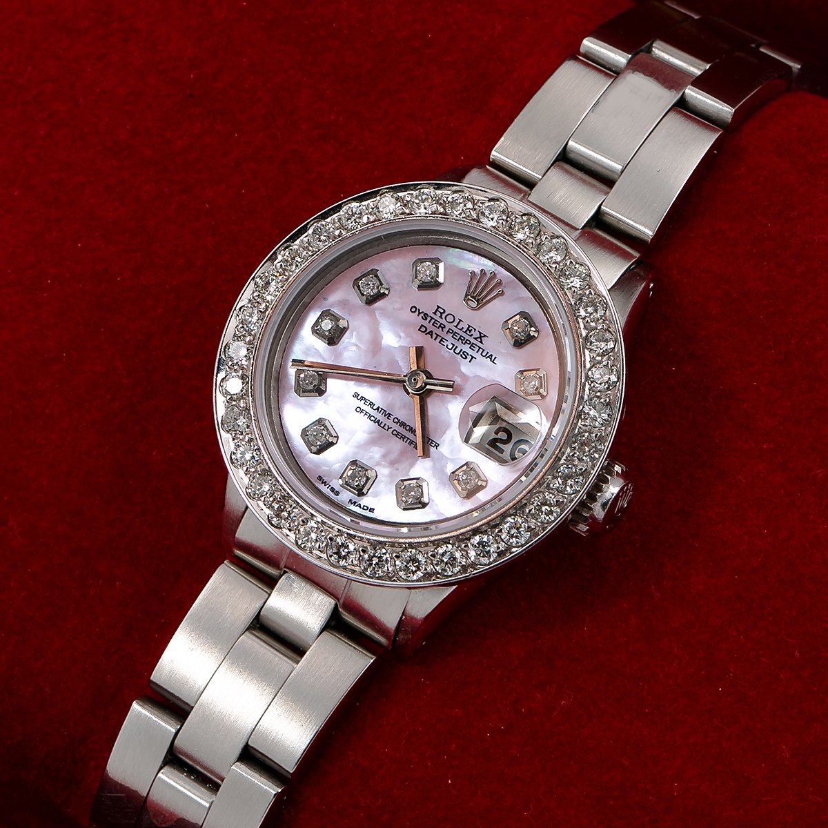 Rolex Oyster Perpetual Diamond Watch, Date 6916 26mm, Pink Diamond Dial With Stainless Steel Oyster Bracelet