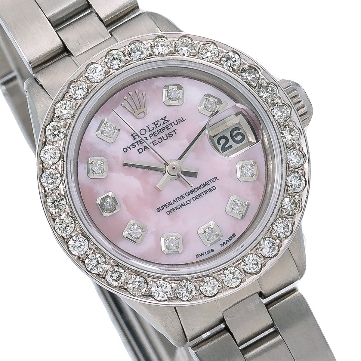 Rolex Oyster Perpetual Diamond Watch, Date 6916 26mm, Pink Diamond Dial With Stainless Steel Oyster Bracelet