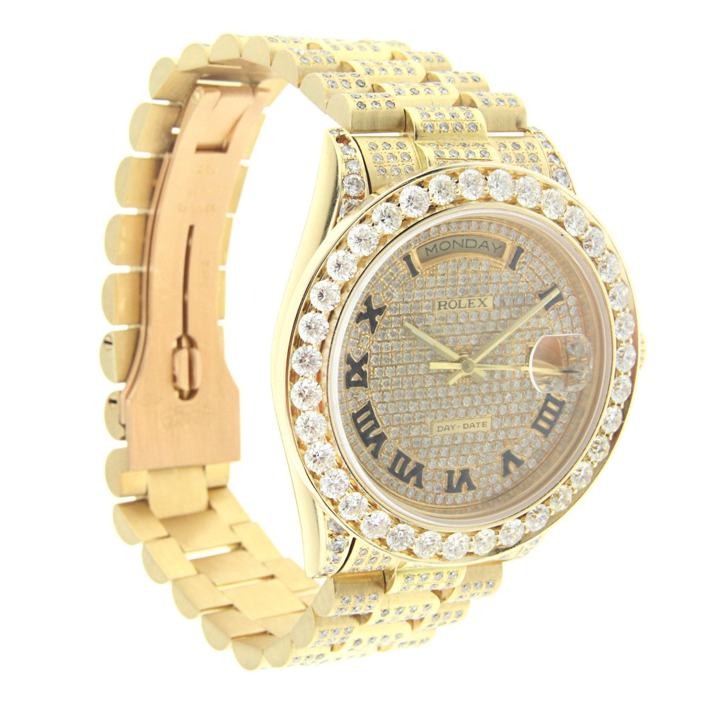 18K Yellow Gold Rolex Diamond Watch, Day Date President 36mm, Diamond with Roman Numerals dial W/ 12CT Diamond Bezel & Lugs