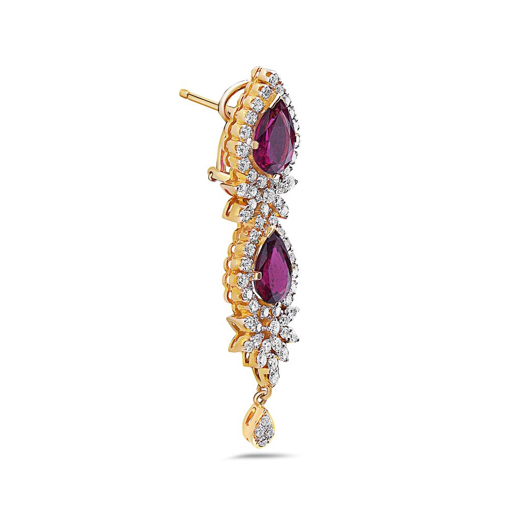 18K Yellow Gold Tears Shaped Ladies Earrings With White Diamonds and Ruby