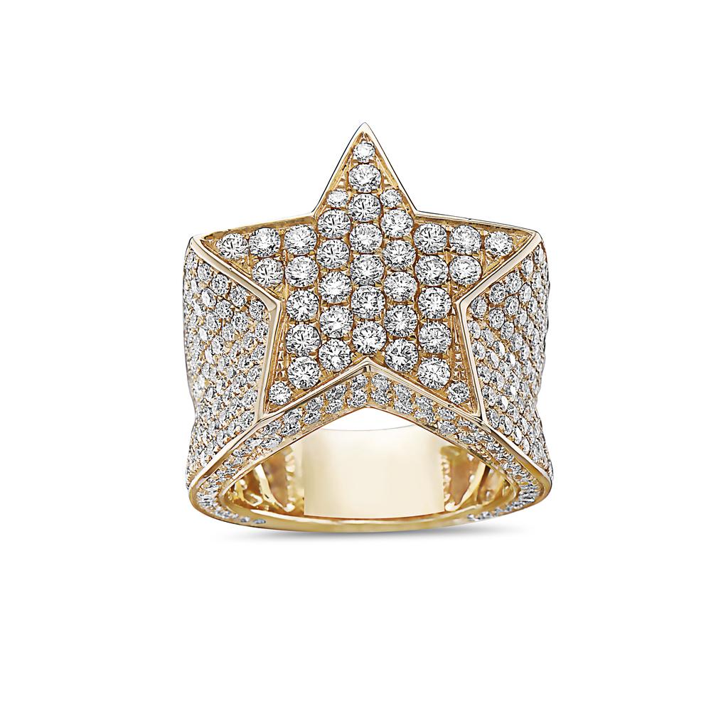 Men's 14K Yellow Gold Star Ring with 6.49 CT Diamonds