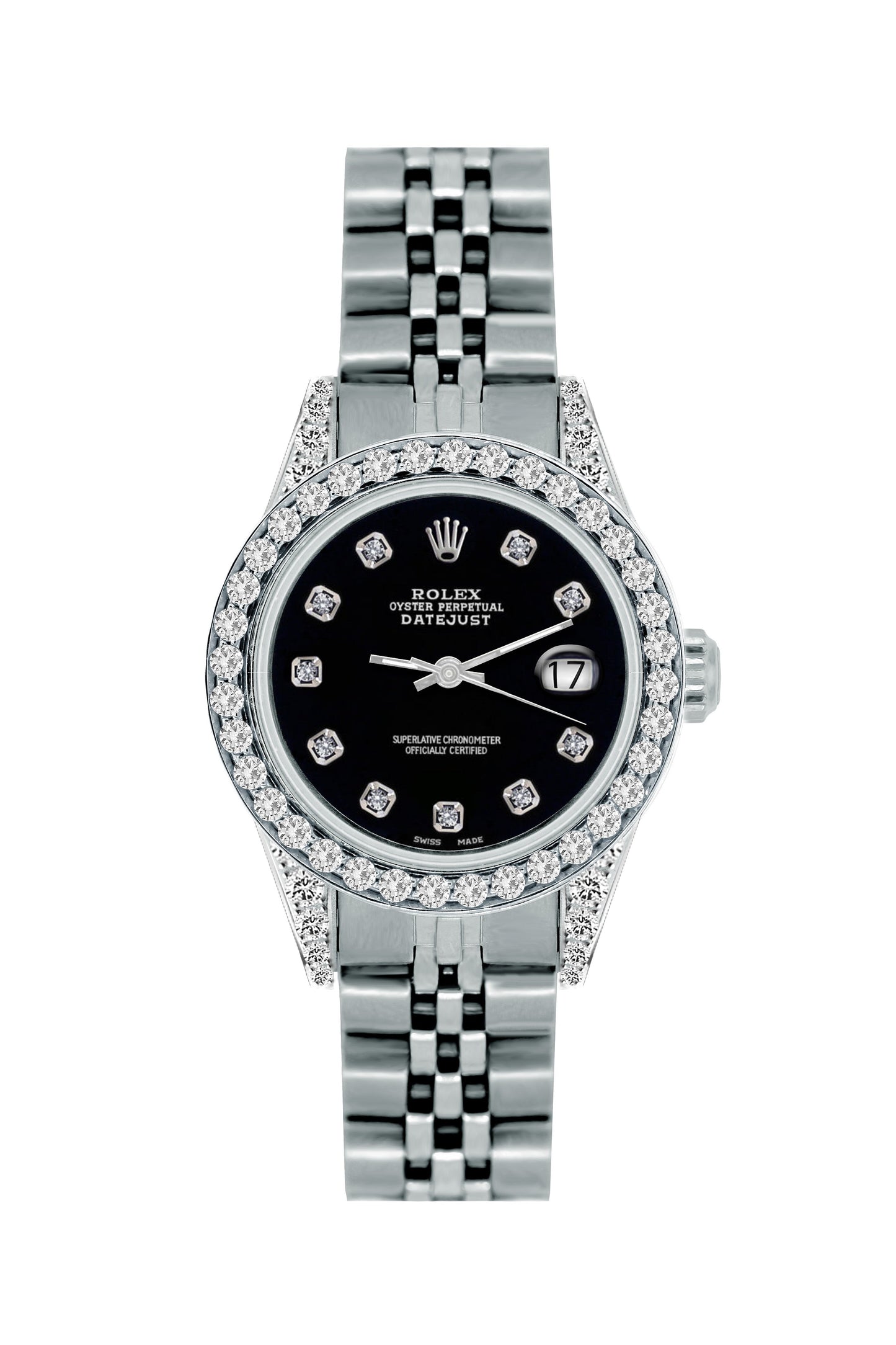 Rolex Datejust Diamond Watch, 26mm, Stainless SteelBracelet Black Russian Dial w/ Diamond Bezel and Lugs