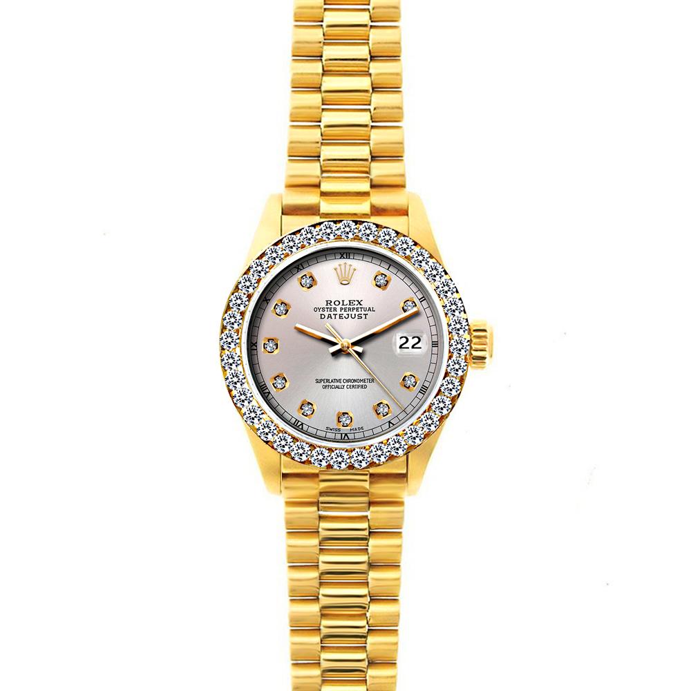 18k Yellow Gold Rolex Datejust Diamond Watch, 26mm, President Bracelet Echo Blue Dial w/ Diamond Bezel