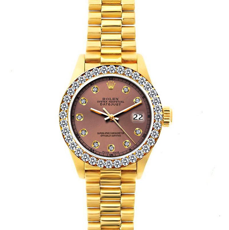 18k Yellow Gold Rolex Datejust Diamond Watch, 26mm, President Bracelet Earthern Dial w/ Diamond Bezel