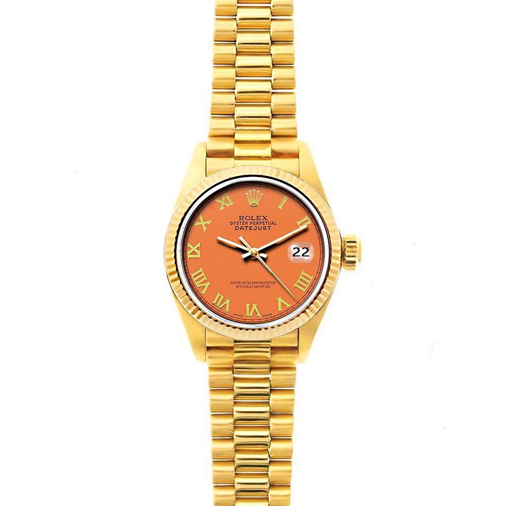 Rolex Datejust 26mm 18k Yellow Gold President Bracelet Orange Dial