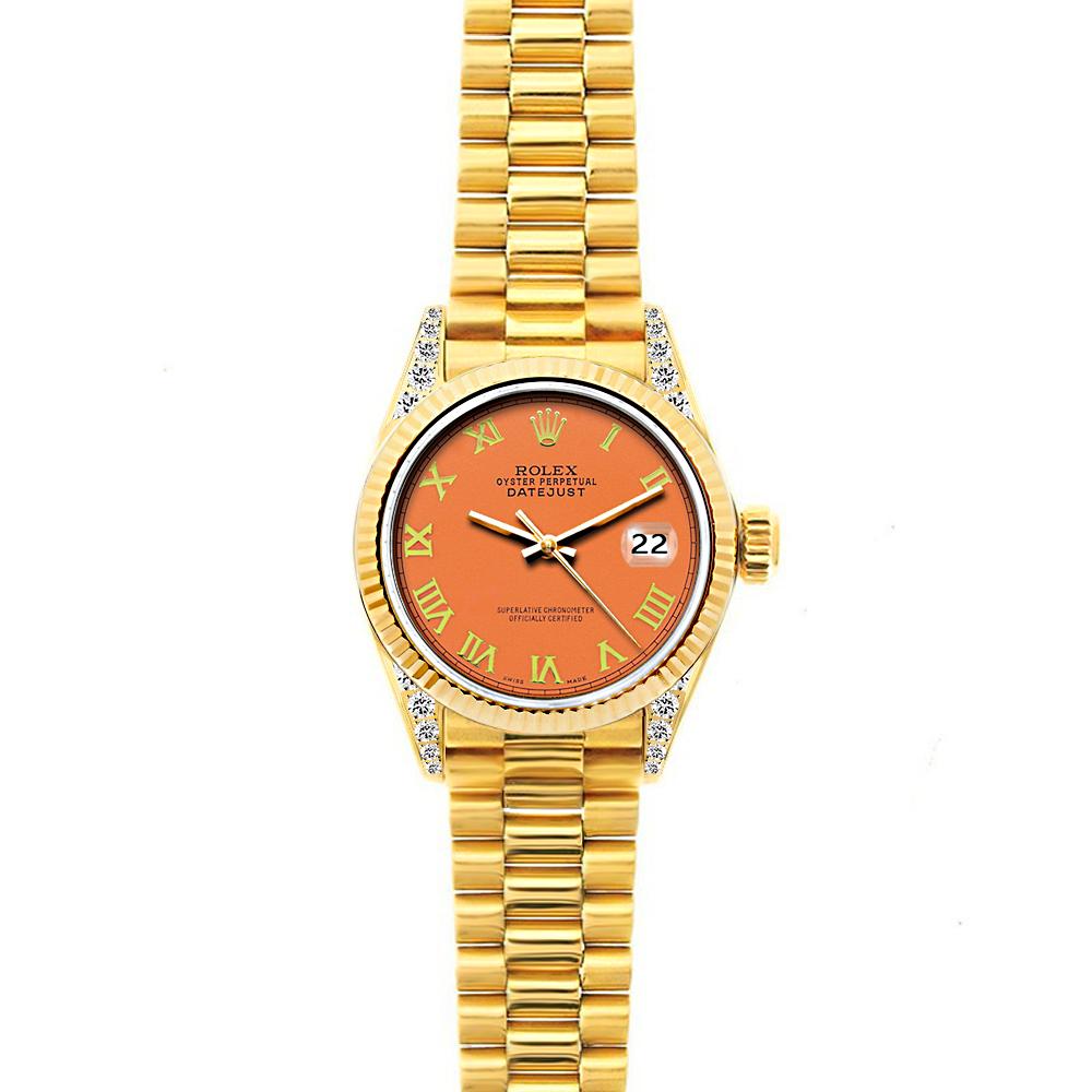 18k Yellow Gold Rolex Datejust Diamond Watch, 26mm, President Bracelet Orange Dial w/ Diamond Lugs