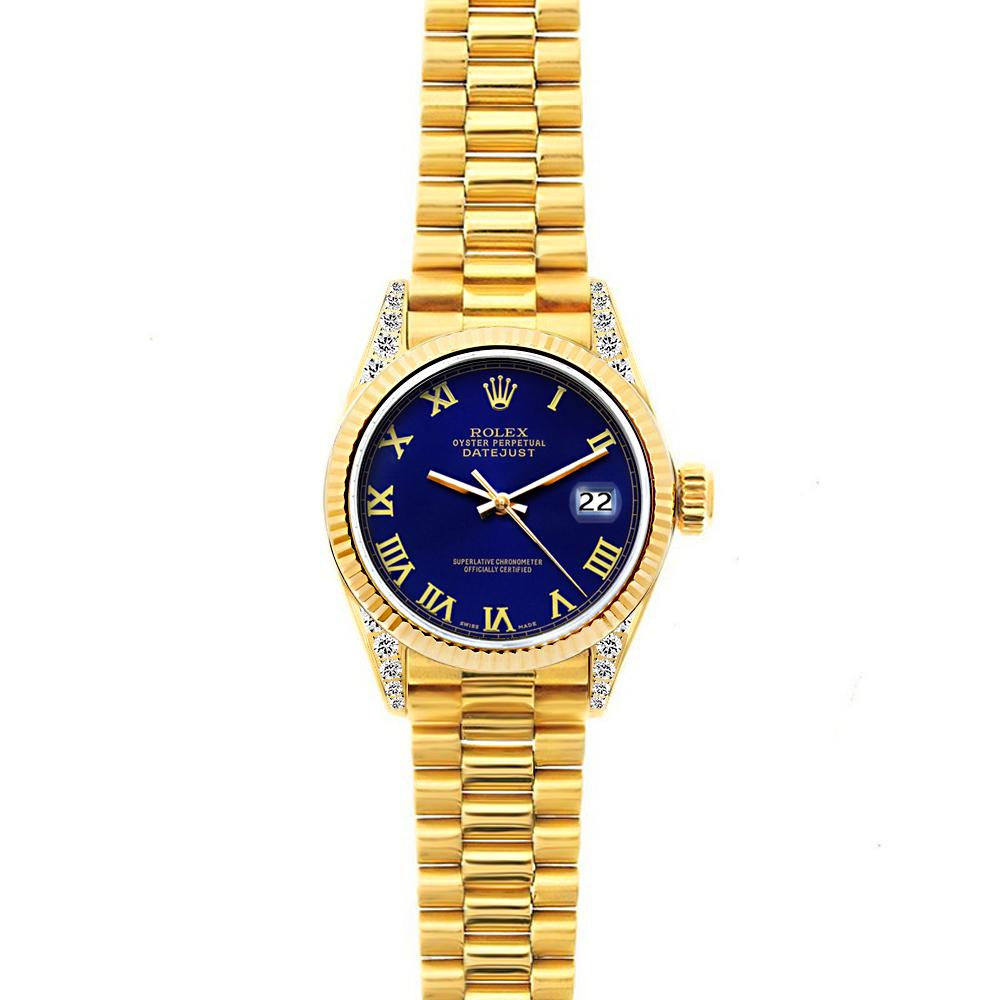 18k Yellow Gold Rolex Datejust Diamond Watch, 26mm, President Bracelet Ultramarine Dial w/ Diamond Lugs