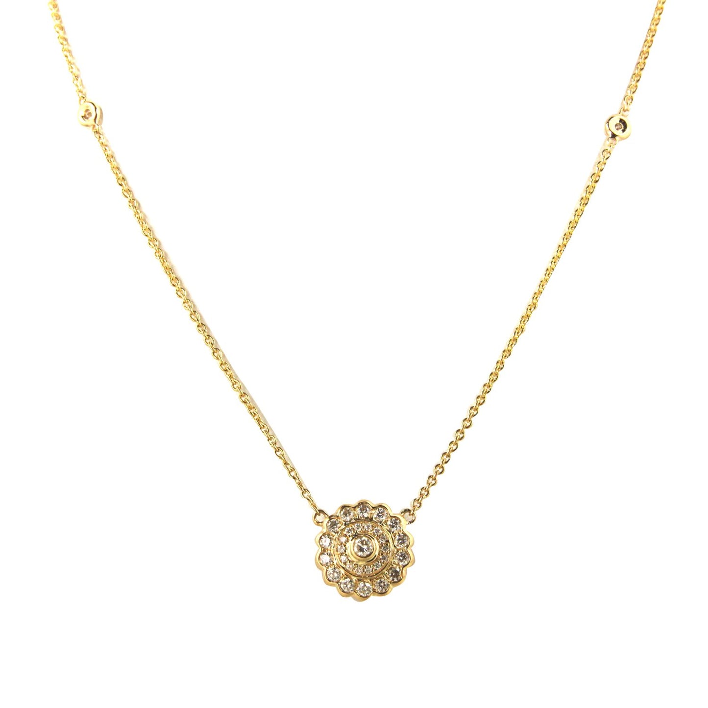 18K Yellow Gold Diamond Flower Pendant with Diamond by the Yard Chain 0.46CT