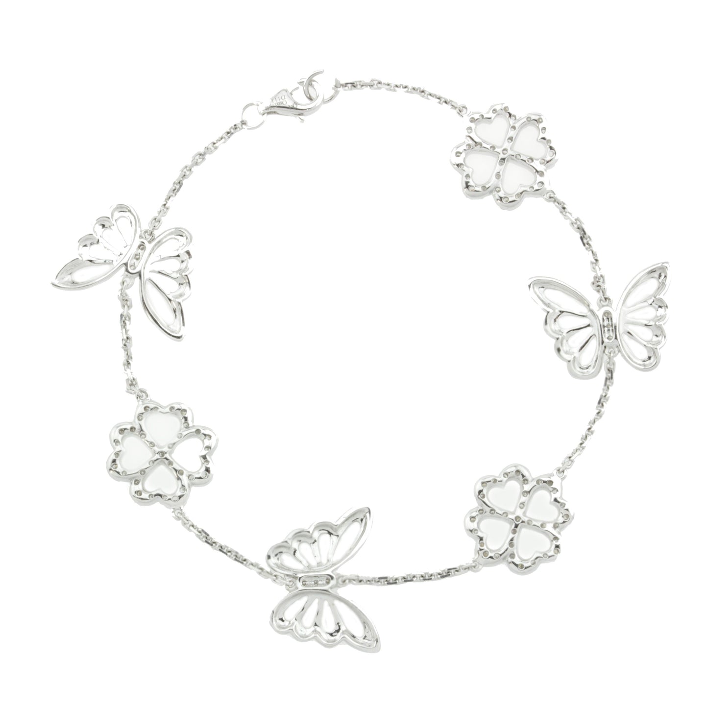 18K White Gold Bracelet with Diamond Flowers and Butterfly With Round Cut Diamonds 1.11CT