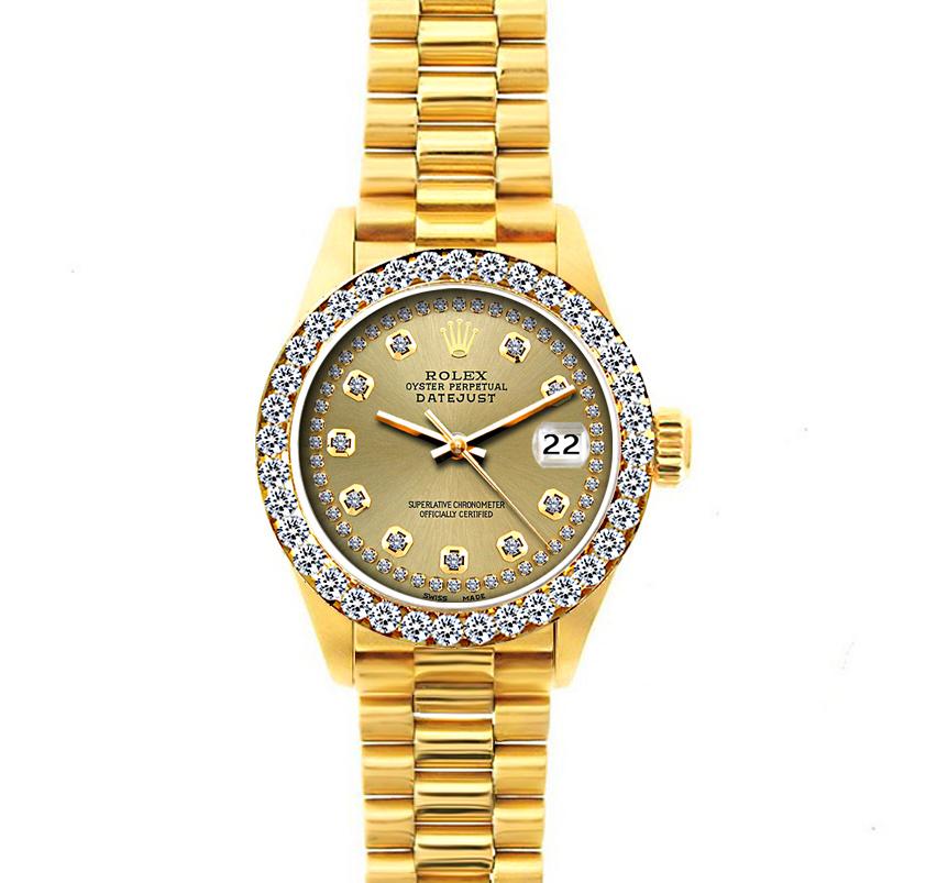 18k Yellow Gold Rolex Datejust Diamond Watch, 26mm, President Bracelet Champagne Dial w/Diamond Bezel