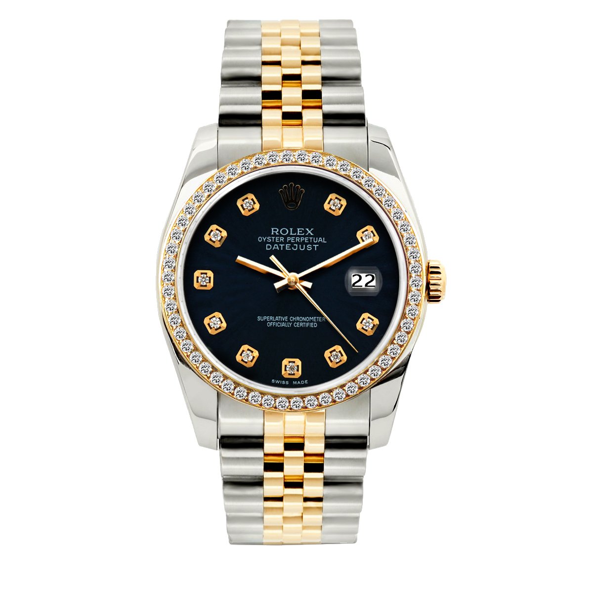 Rolex Datejust Diamond Watch, 36mm, Yellow Gold and Stainless Steel Bracelet Black Dial w/ Diamond Bezel