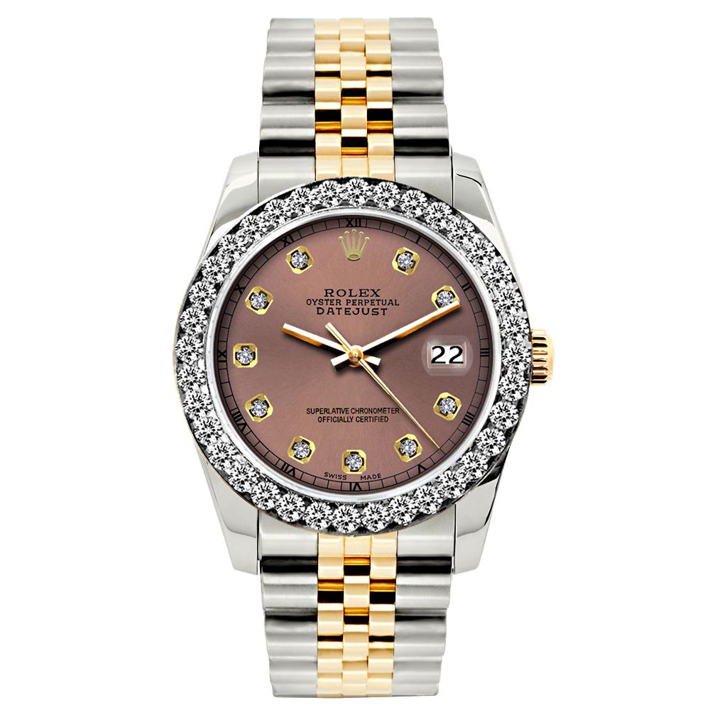 Rolex Datejust Diamond Watch, 26mm, Yellow Gold and Stainless Steel Bracelet Earthen Dial w/ Diamond Bezel