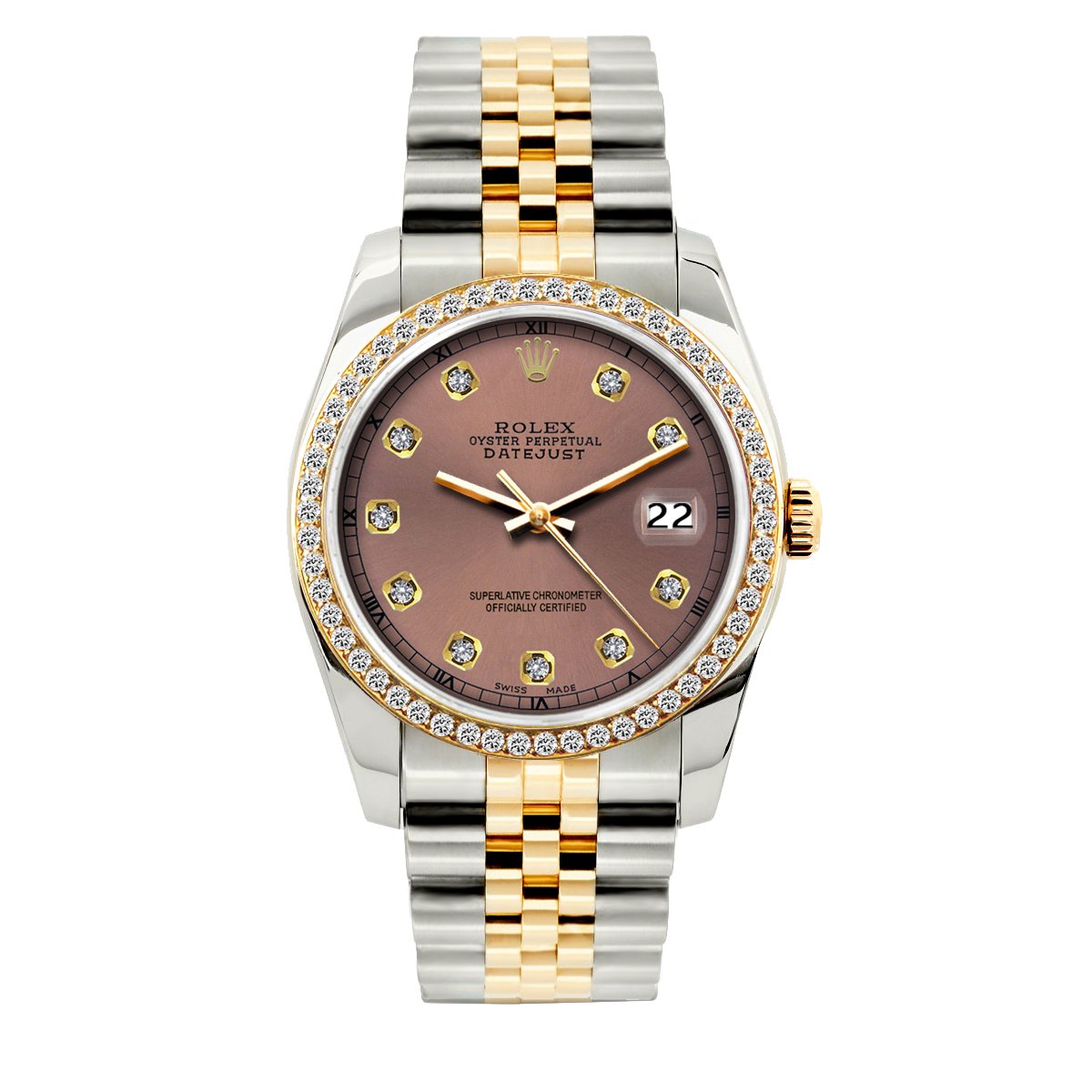 Rolex Datejust Diamond Watch, 36mm, Yellow Gold and Stainless Steel Bracelet Earthen Dial w/ Diamond Bezel