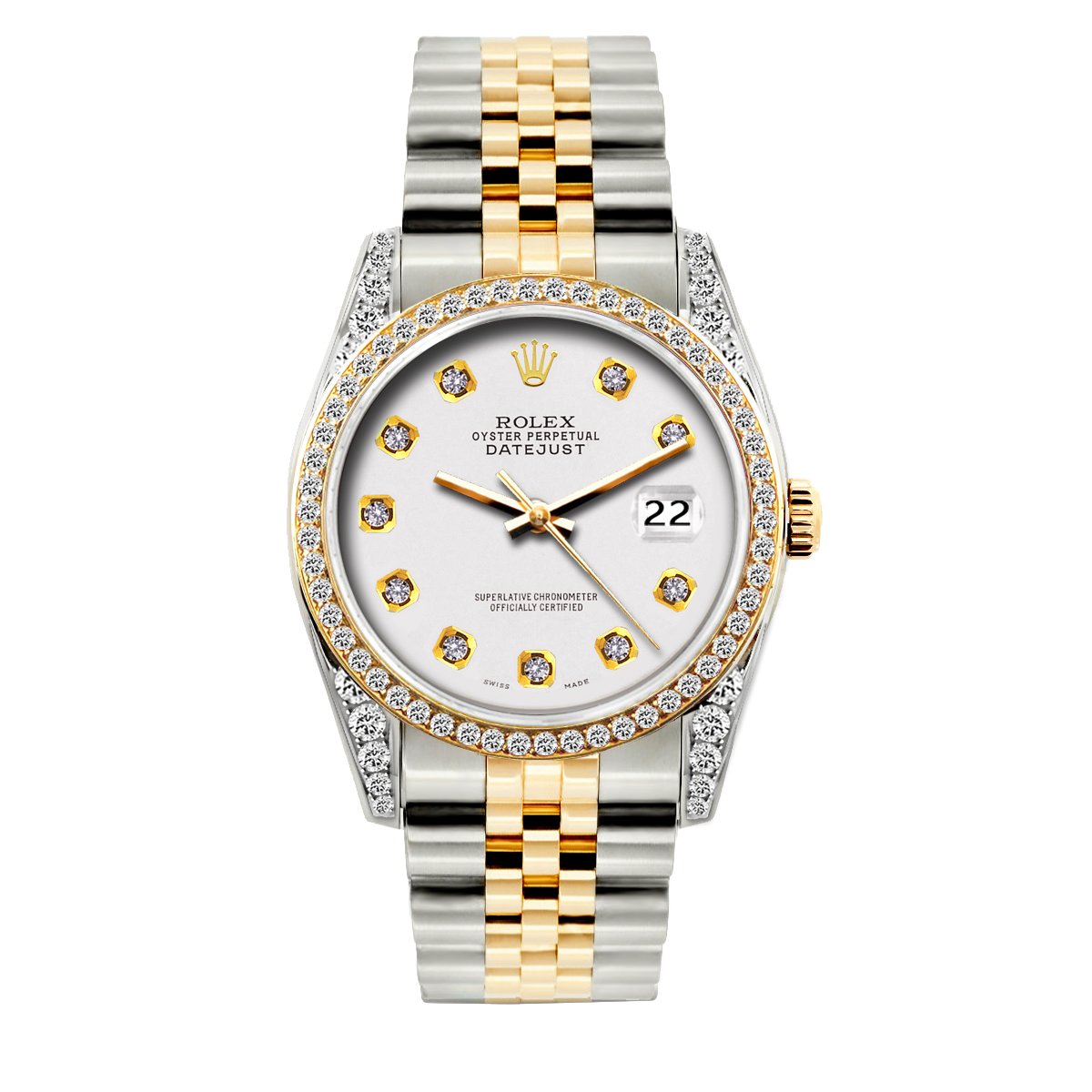 Rolex Datejust Diamond Watch, 36mm, Yellow Gold and Stainless Steel Bracelet White Dial w/ Diamond Bezel and Lugs