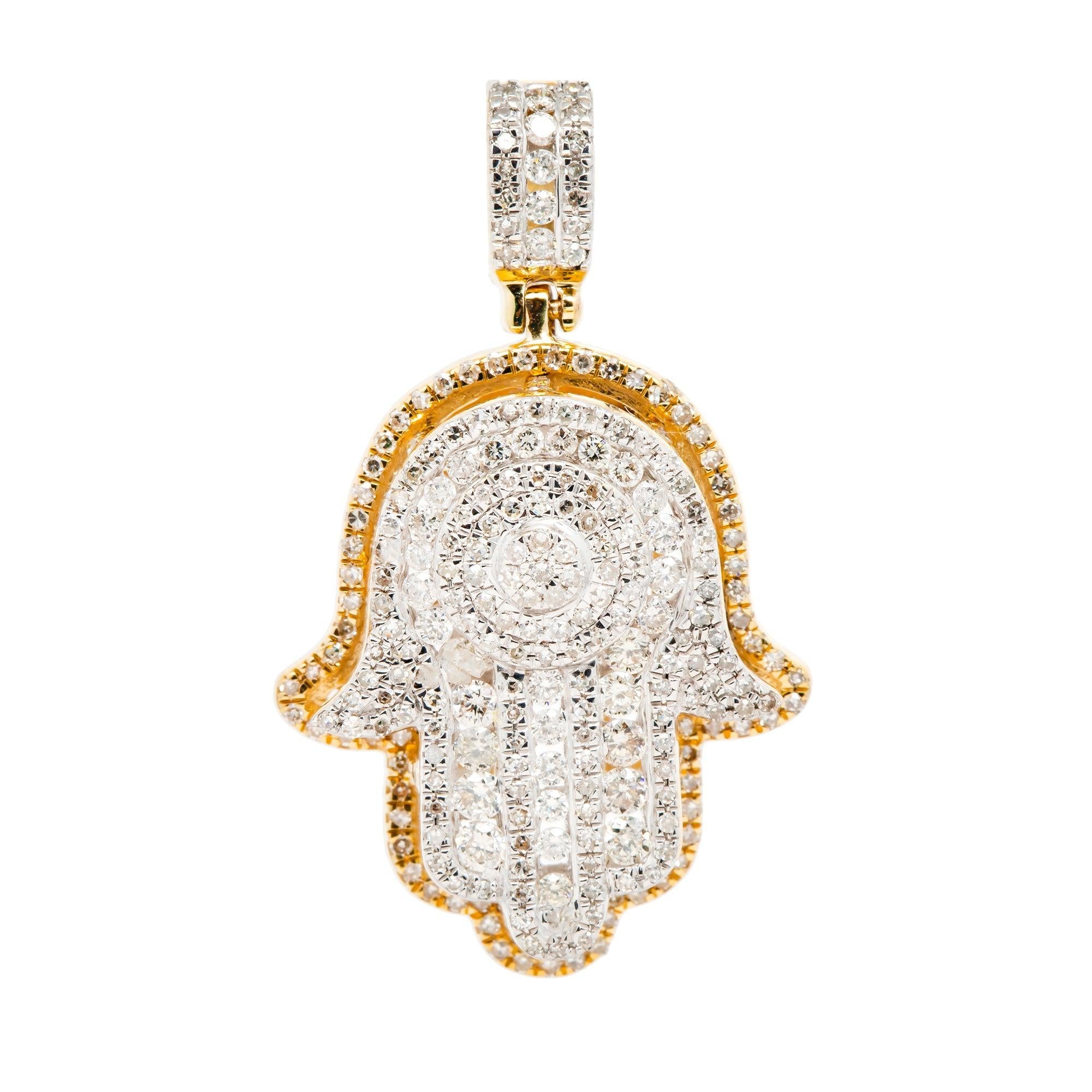 14K GOLD ROUND CLUSTER DIAMOND HAMSA PENDANT WITH 2 ROW MIDDLE BORDER 1.20 CT