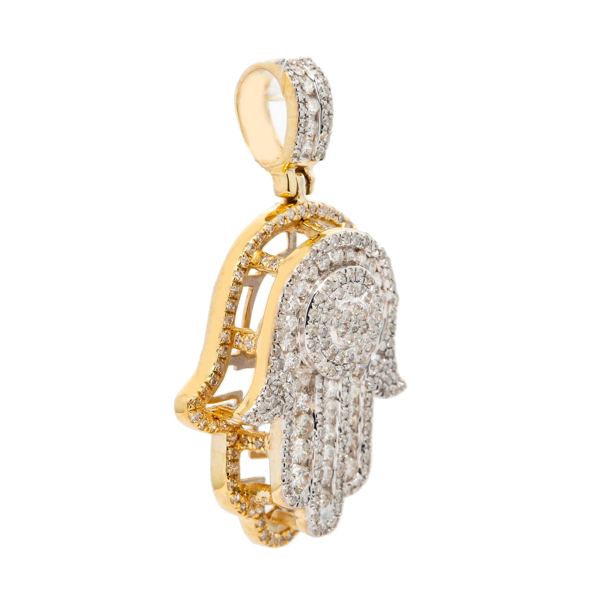 14K GOLD ROUND CLUSTER DIAMOND HAMSA PENDANT WITH 2 ROW MIDDLE BORDER 1.20 CT