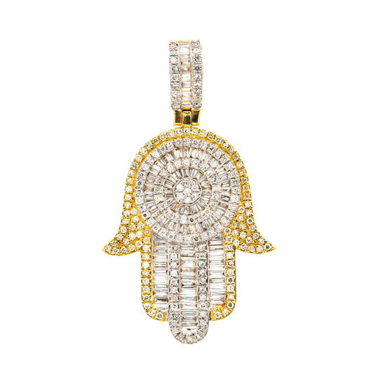 14K GOLD BAGUETTE DIAMOND HAMSA PENDANT 1.20 CT