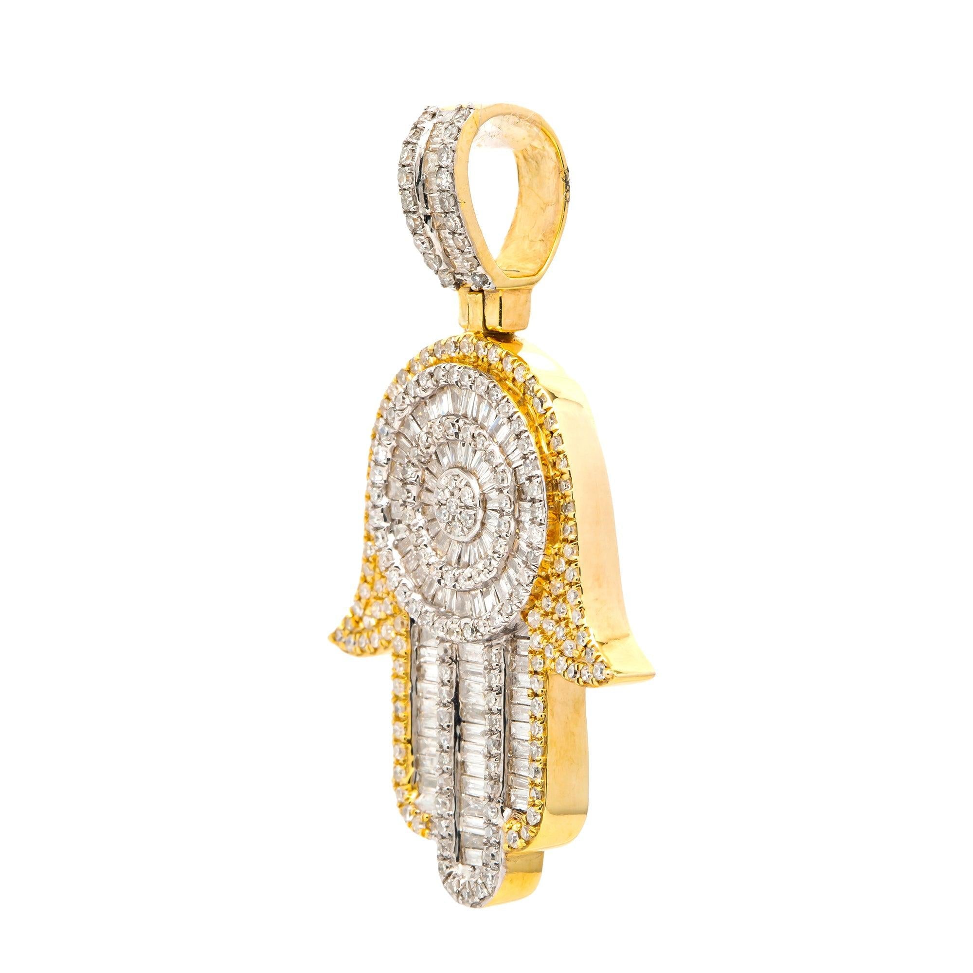 14K GOLD BAGUETTE DIAMOND HAMSA PENDANT 1.20 CT