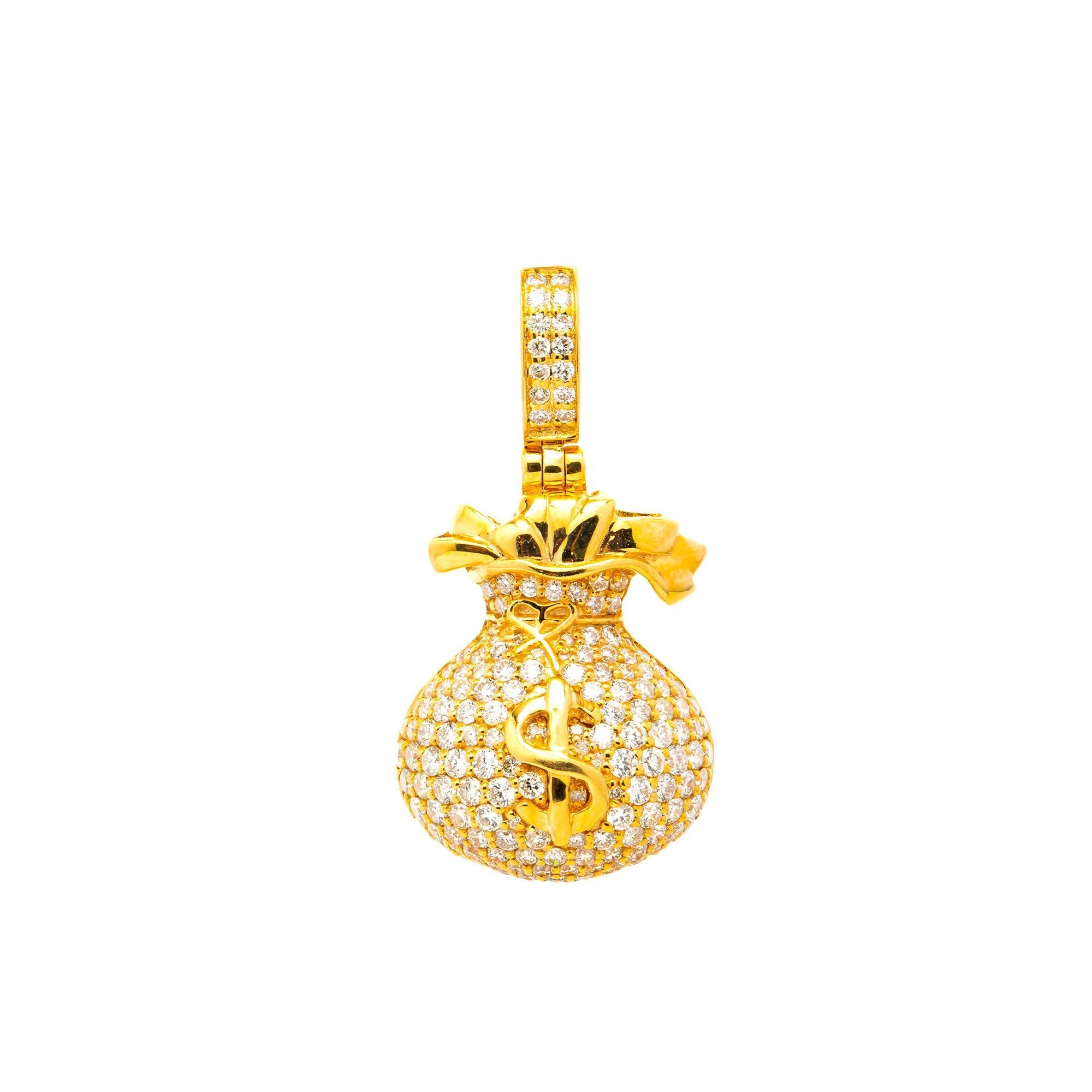 14K GOLD DIAMOND MONEY BAG DOLLAR SIGN PENDANT 0.90 CT