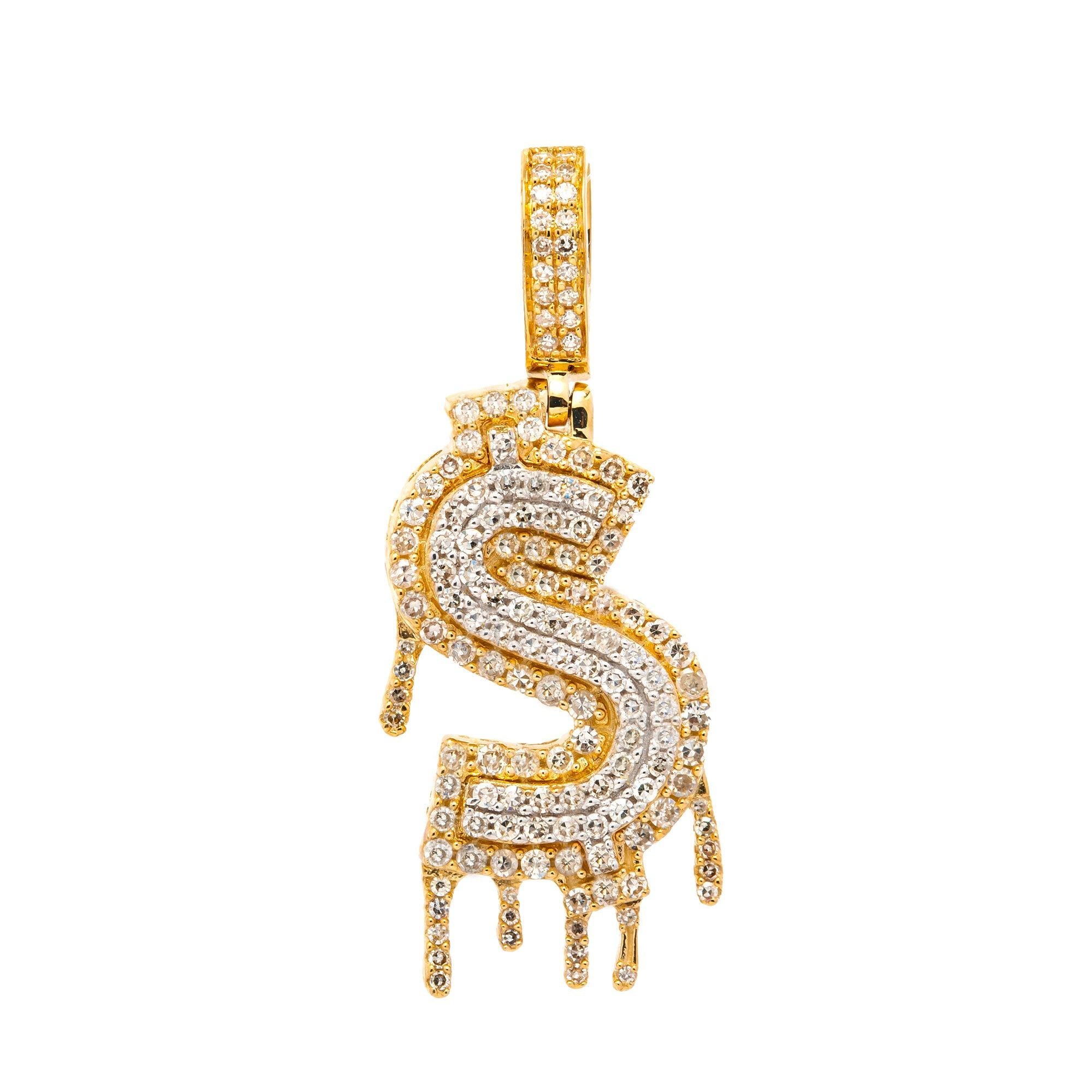 10K GOLD DRIPPING DIAMOND DOLLAR SIGN PENDANT 0.75 CT