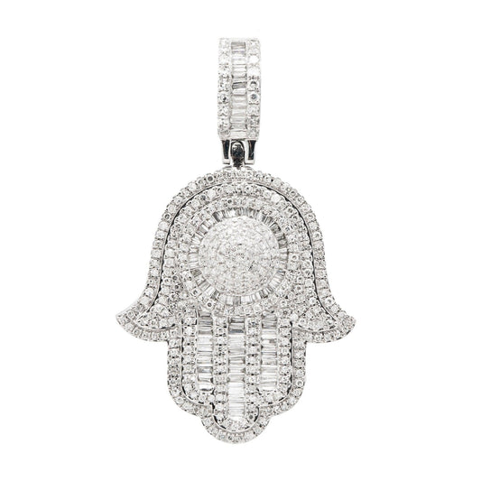 14K GOLD BAGUETTE DIAMOND HAMSA PENDANT WITH DOME MIDDLE 1.45 CT