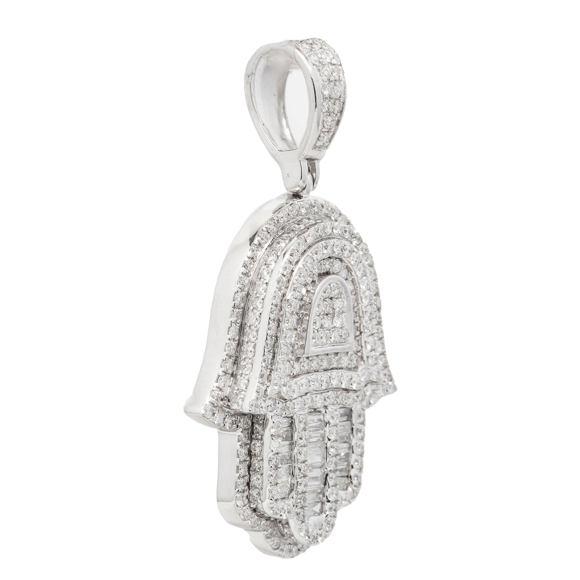 14K GOLD BAGUETTE DIAMOND HAMSA PENDANT 2.65 CT