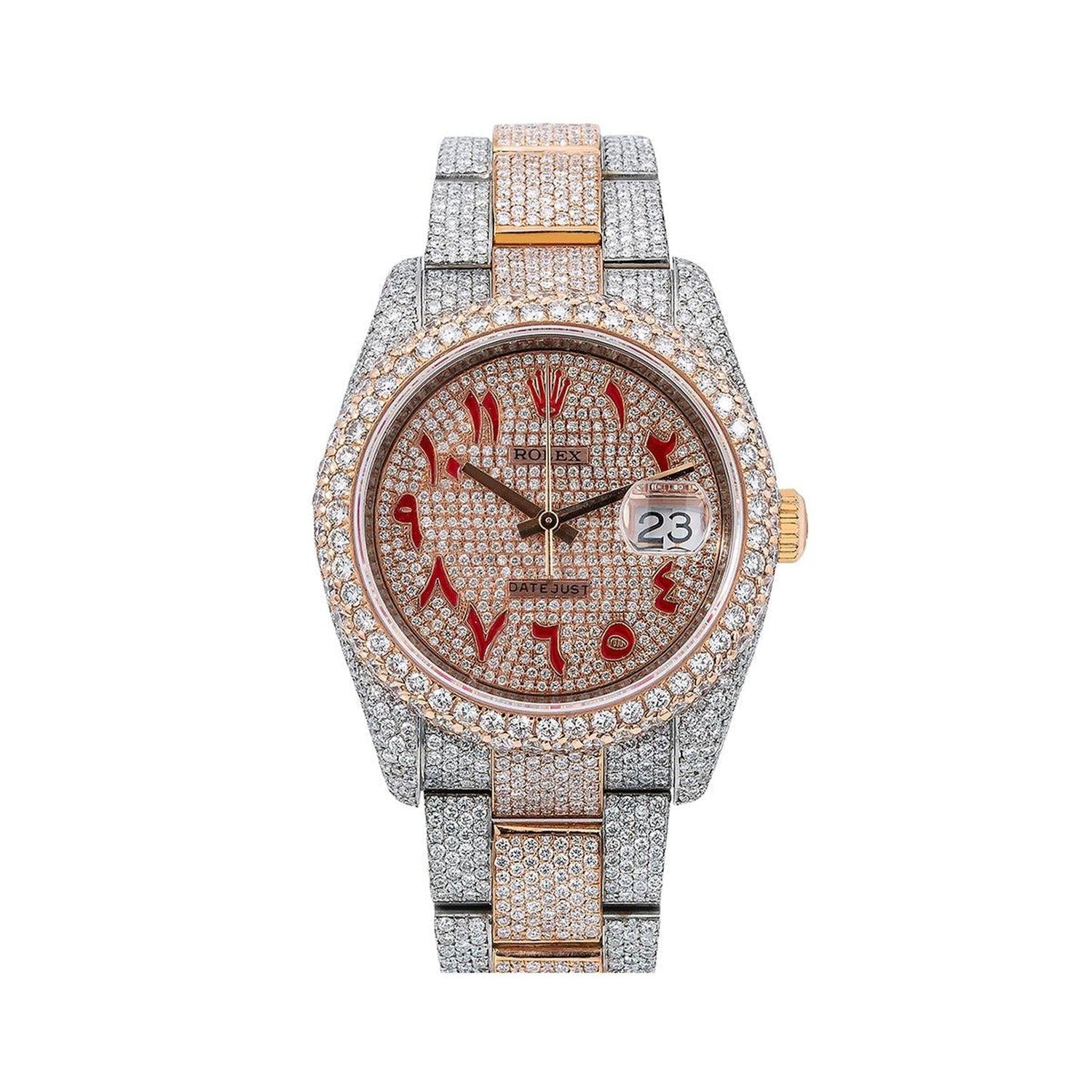 Rolex Datejust 36MM 116201 Diamond Paved Red Eastern Arabic Dial Diamond Bezel Two Tone Full Diamond Oyster Bracelet 21.75ct