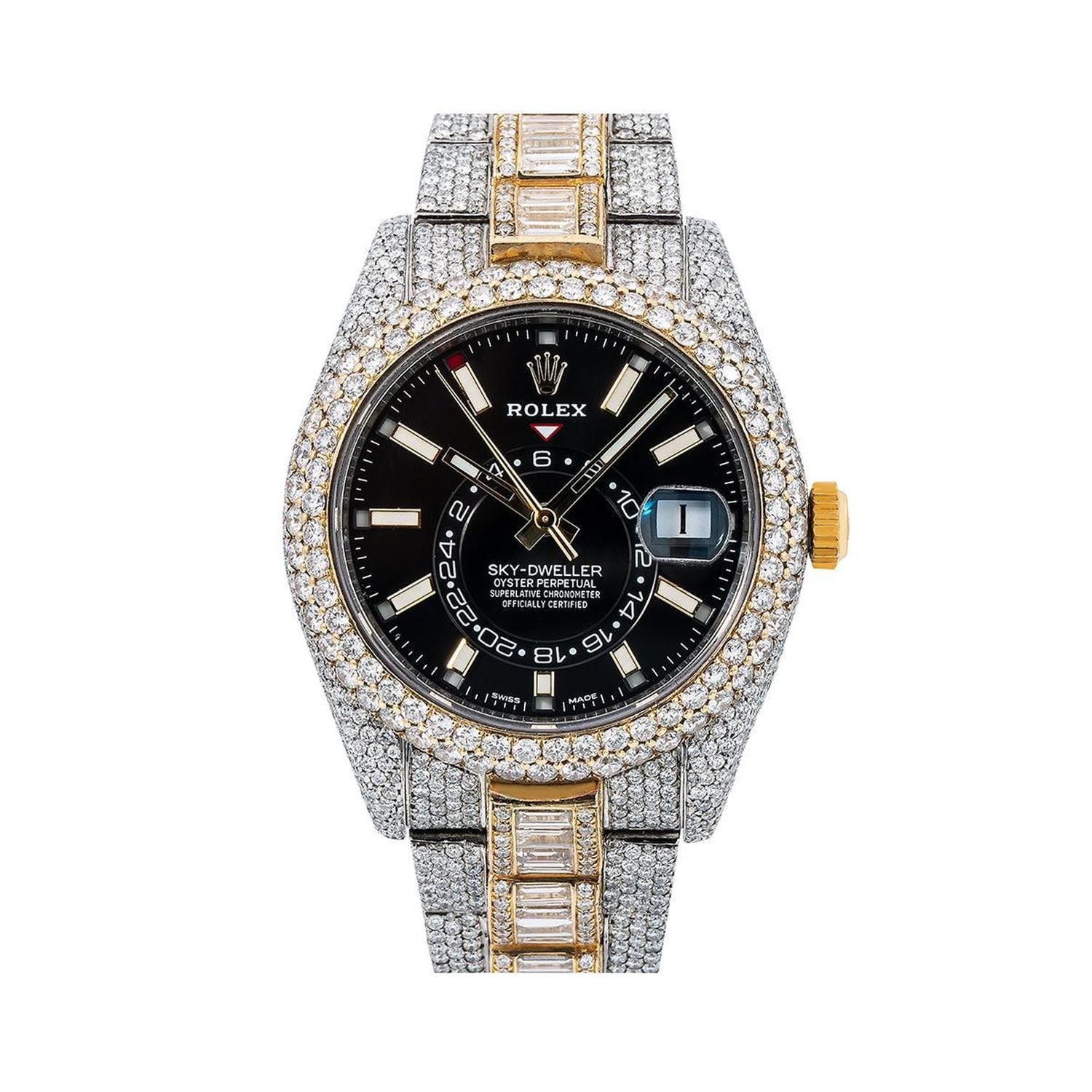 Rolex Sky-Dweller 42MM 326933 Black Dial Diamond Bezel Two Tone Full Diamond Oyster Bracelet 31.5ct
