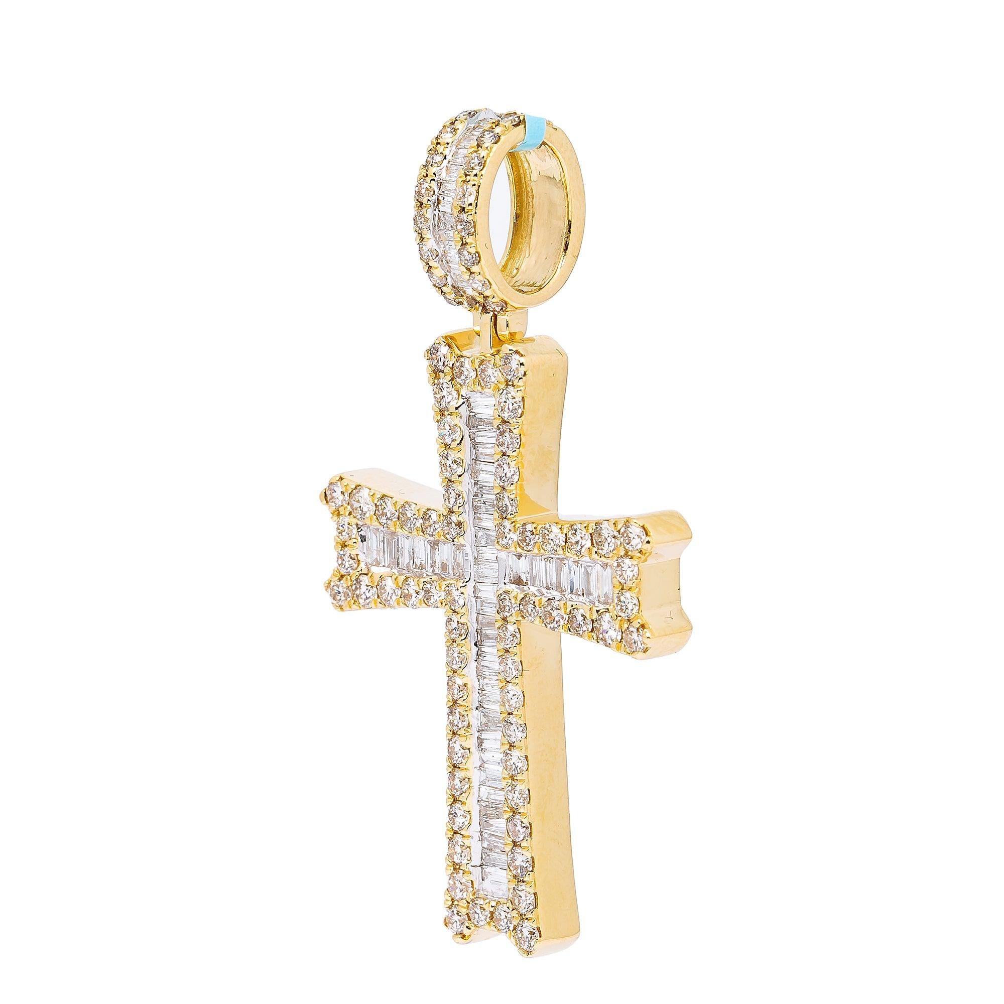 14K YELLOW GOLD CROSS  WITH 3.25 CT  BAGUETTE & ROUND DIAMONDS