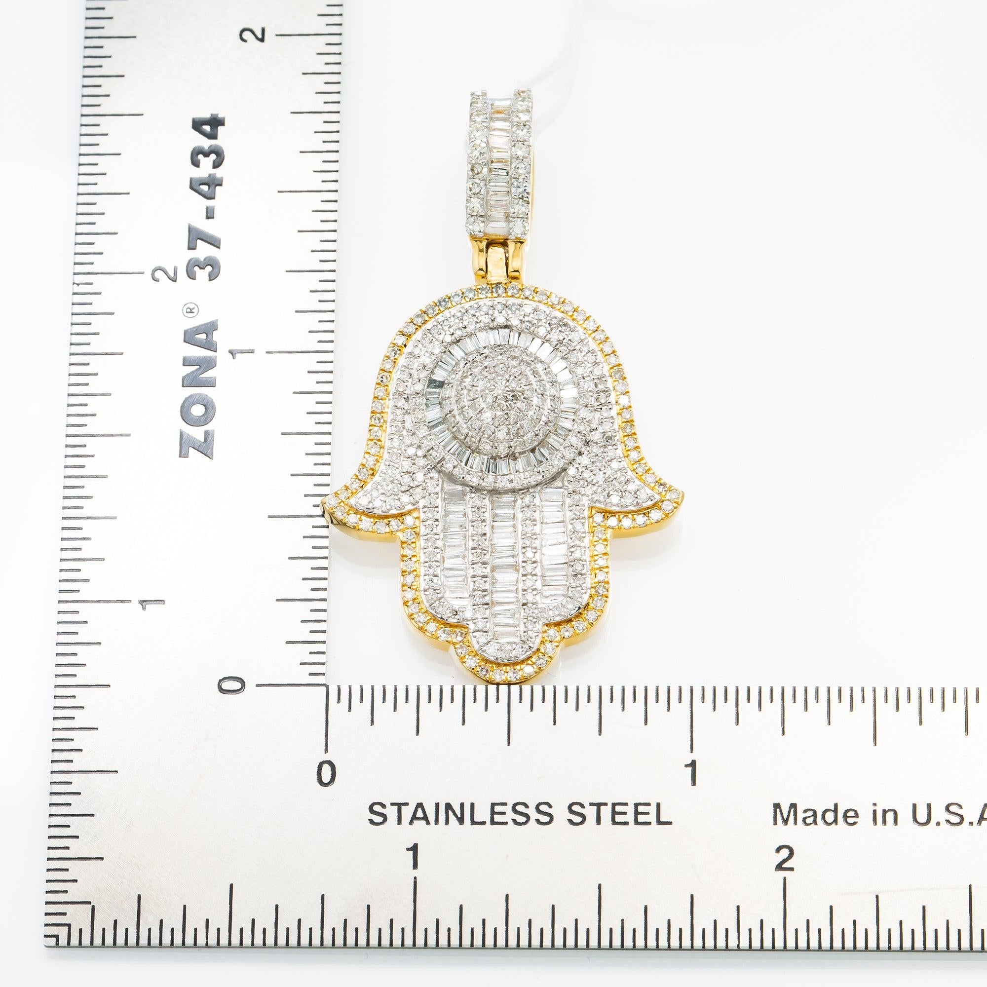 14K GOLD ROUND CLUSTER DIAMOND HAMSA PENDANT WITH 2 ROW MIDDLE BORDER 1.20 CT