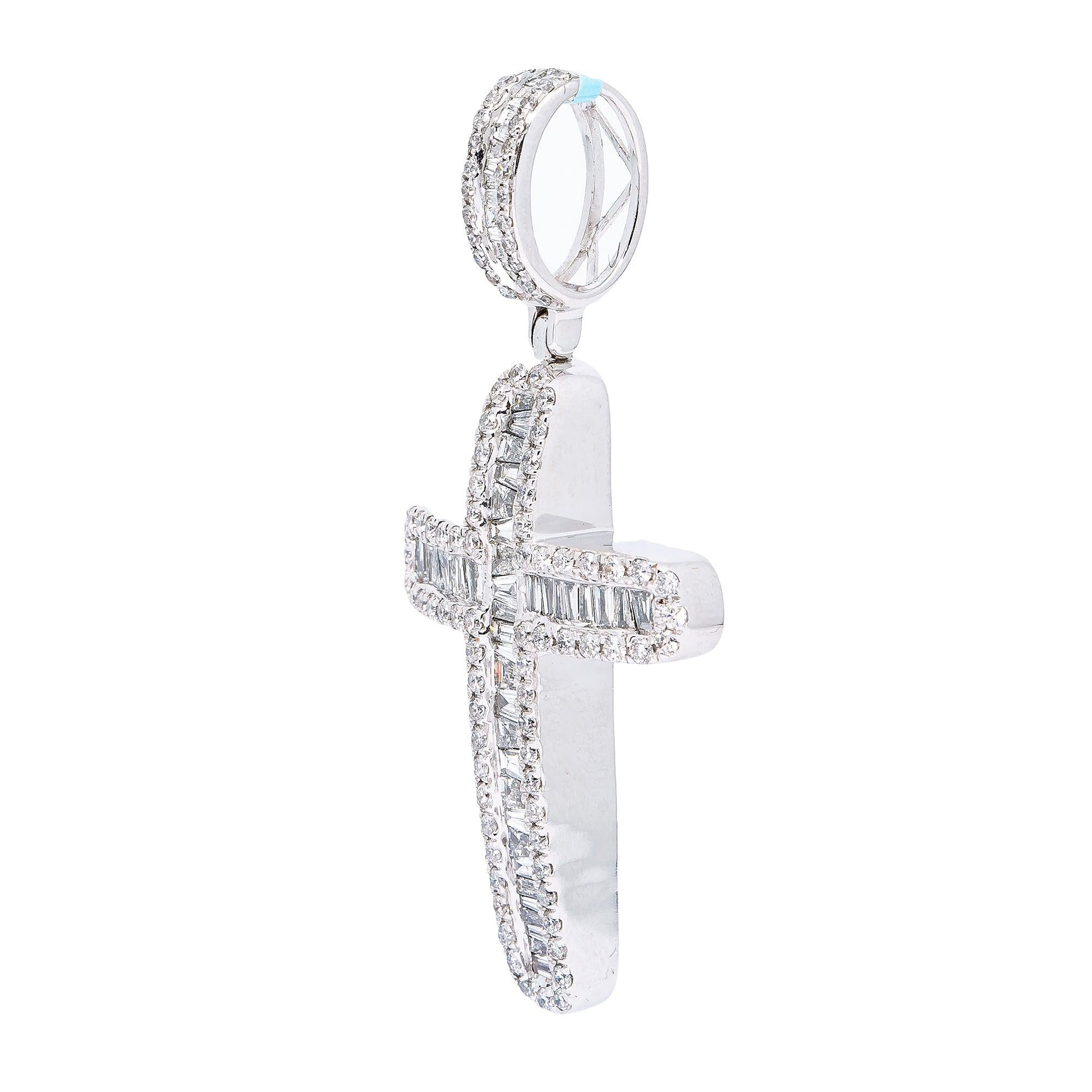 14K WHITE GOLD CROSS  WITH 2.60 CT  BAGUETTE AND ROUND DIAMONDS