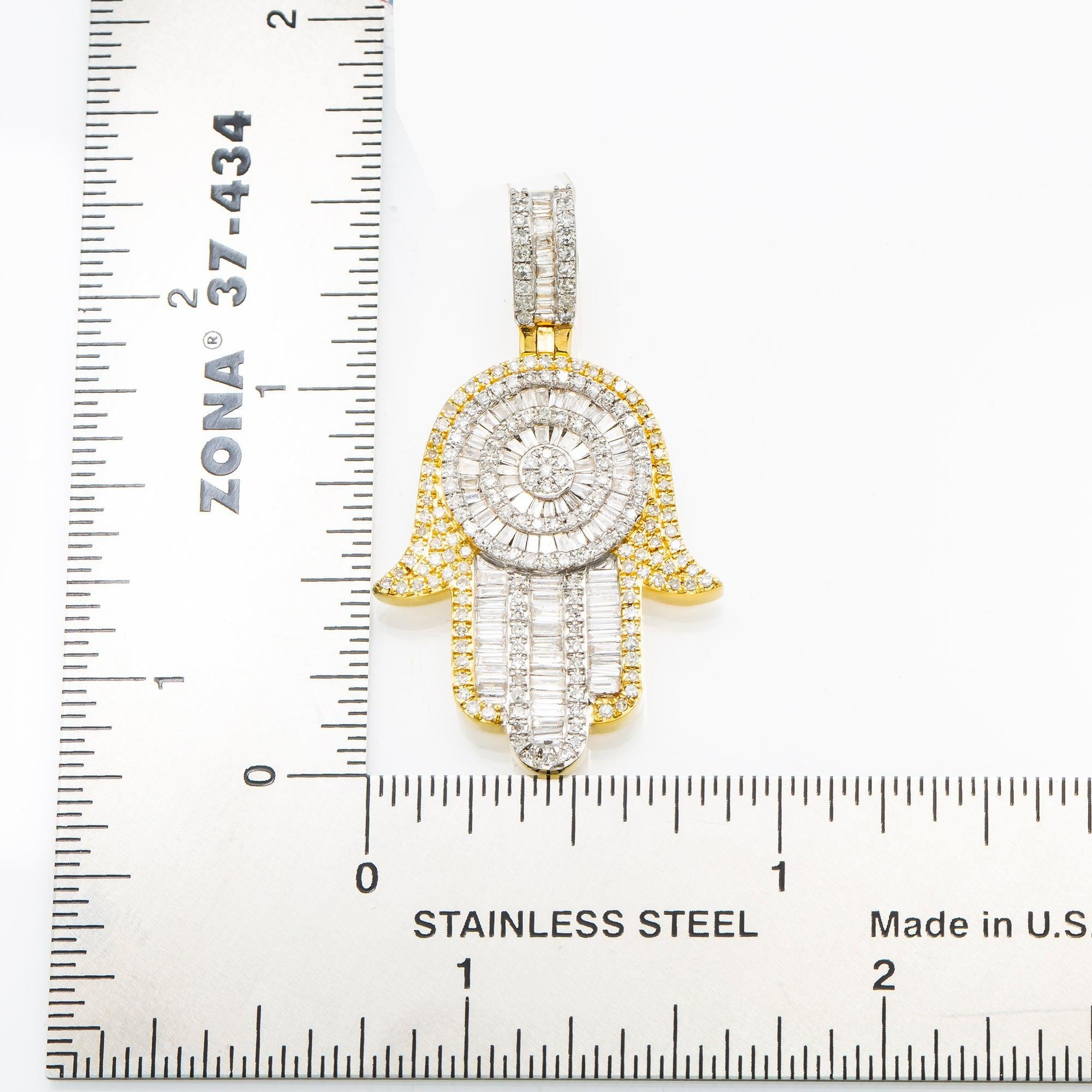 14K GOLD BAGUETTE DIAMOND HAMSA PENDANT 1.20 CT