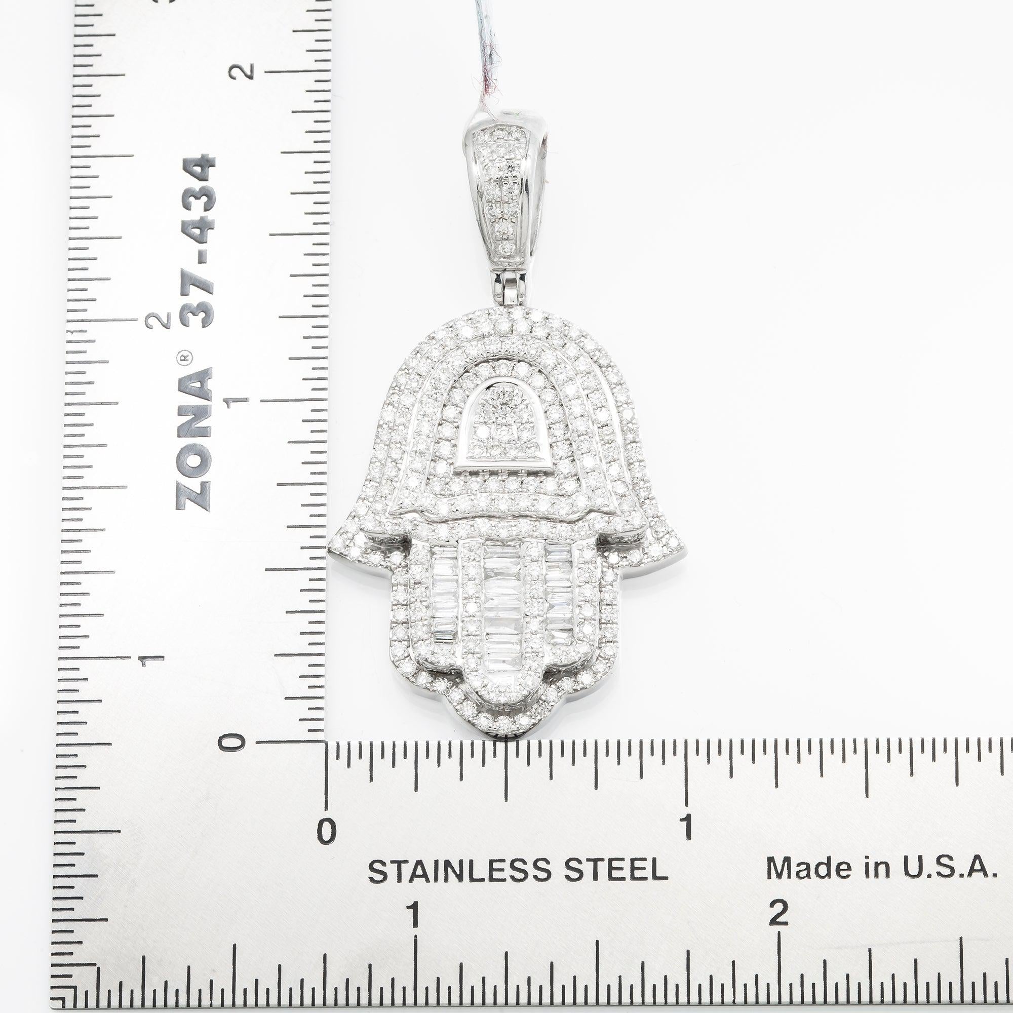 14K GOLD BAGUETTE DIAMOND HAMSA PENDANT 2.65 CT