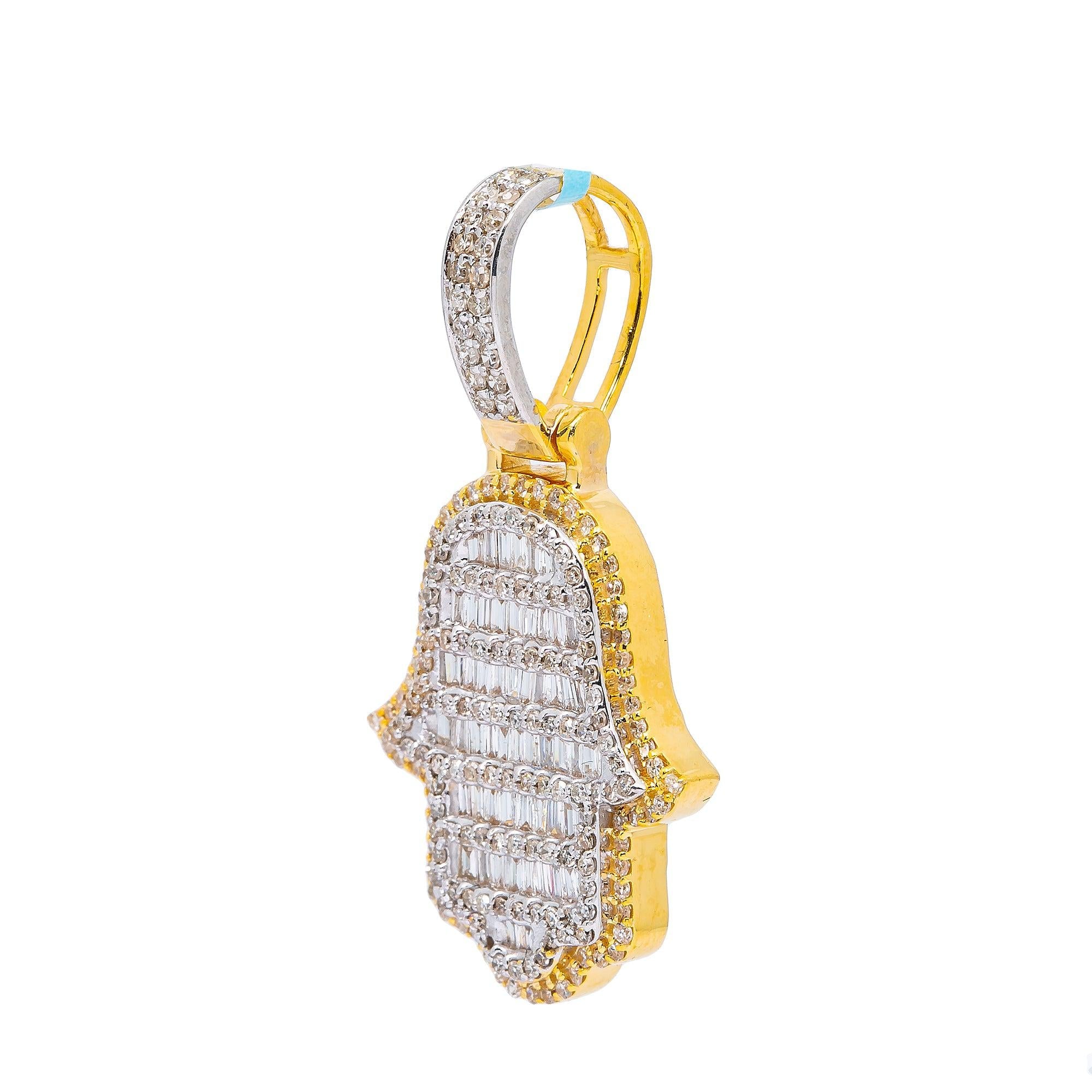 10K YELLOW GOLD HAMSA WITH 1.4 CT BAGUETTE AND ROUND DIAMONDS