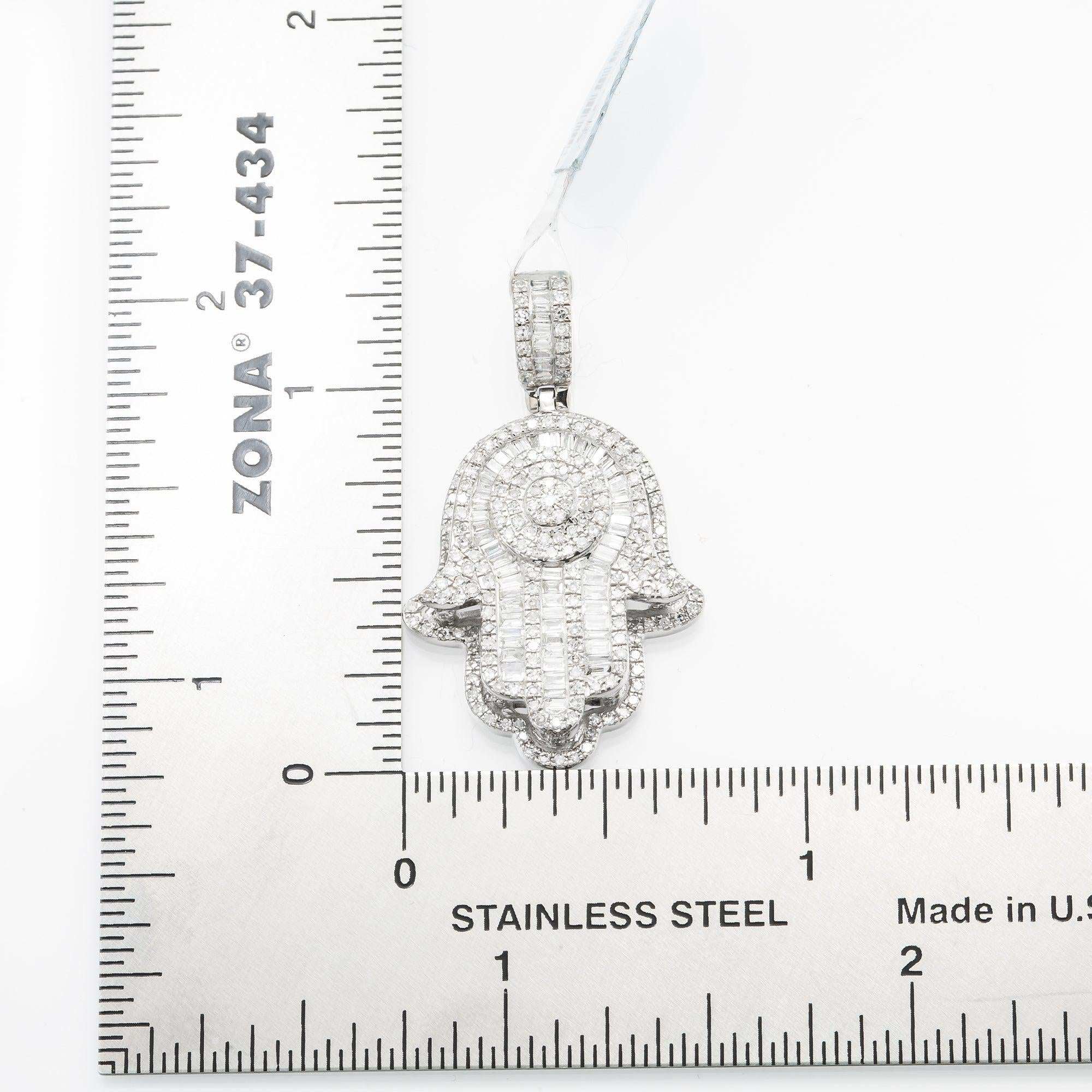 14K GOLD ROUND CLUSTER HAMSA PENDANT 1 CT BAGUETTE DIAMOND FINGERS
