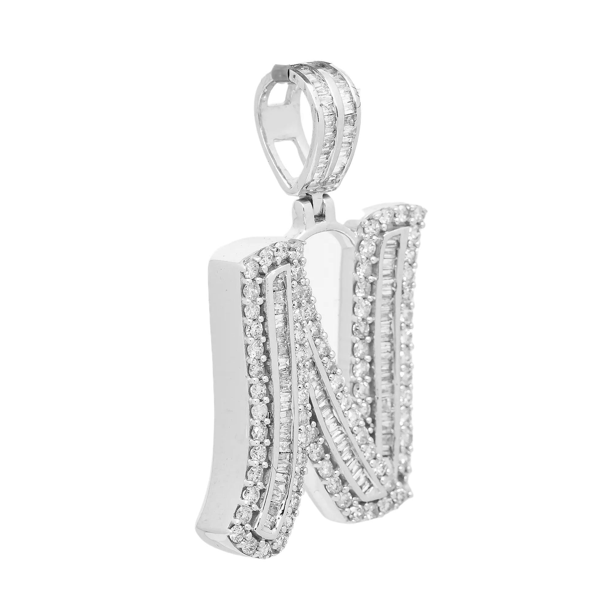 14K WHITE GOLD DIAMOND LETTER N PENDANT 1.28 CT